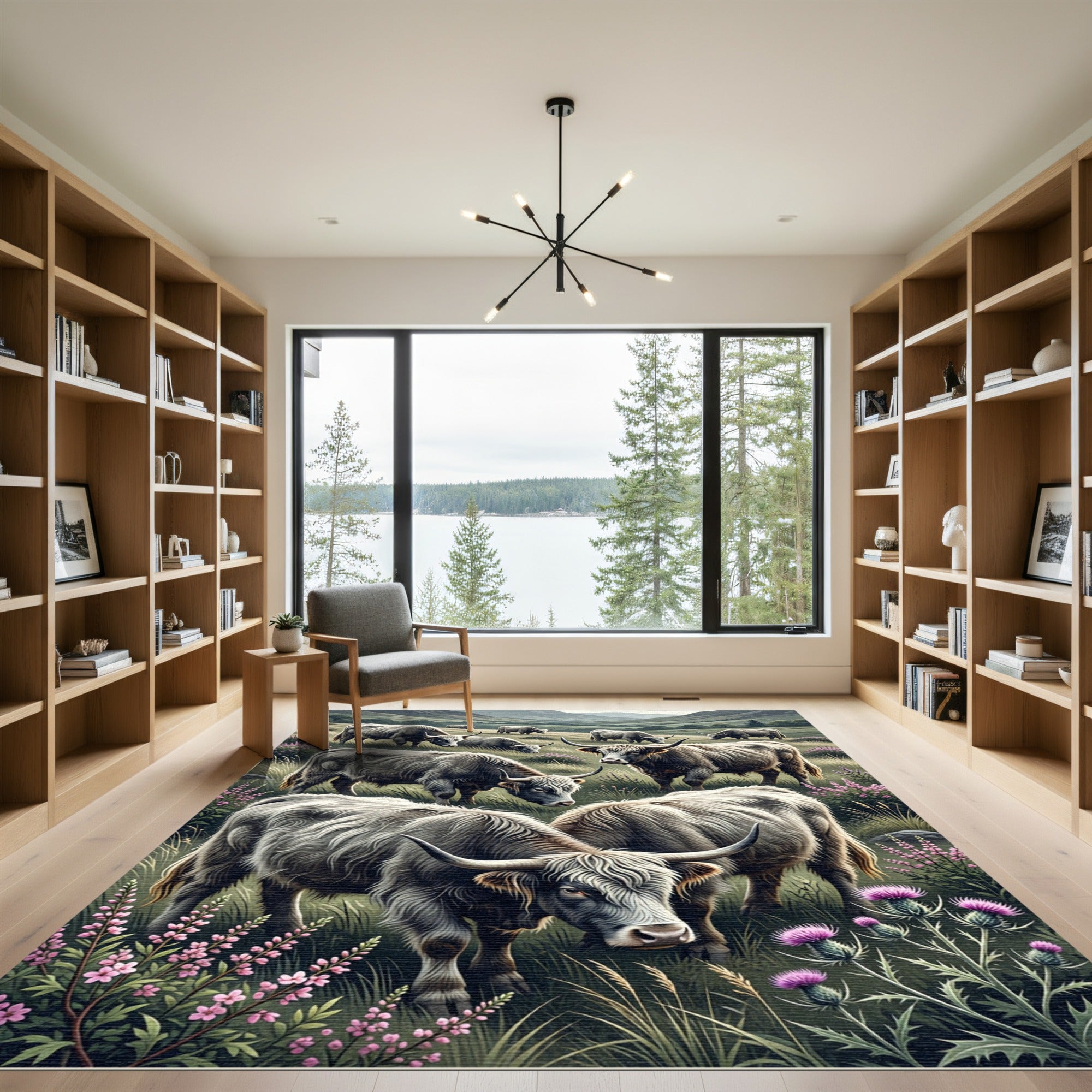 Highland Cattle Meadow Gray Landscape Rug