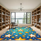 Golden White Stars Radiating Blue Sky Rug