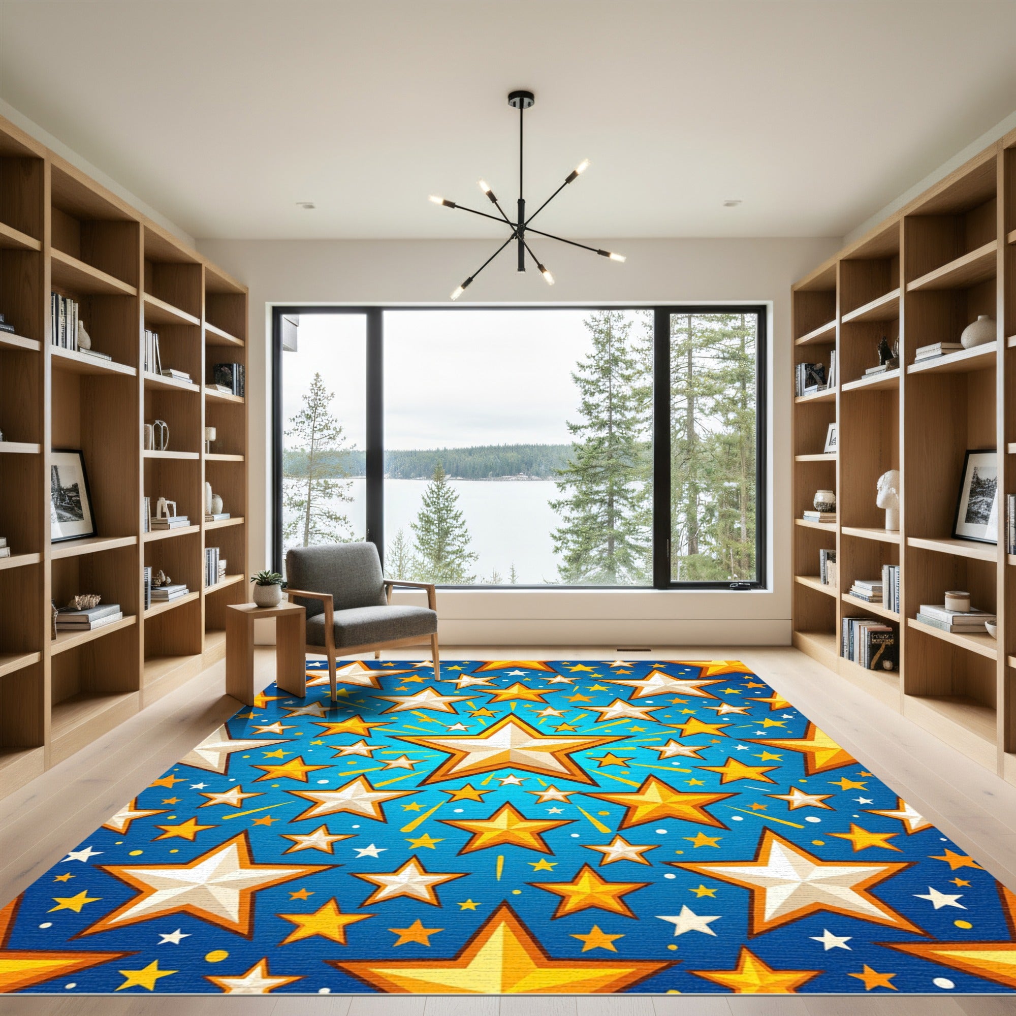 Golden White Stars Radiating Blue Sky Rug