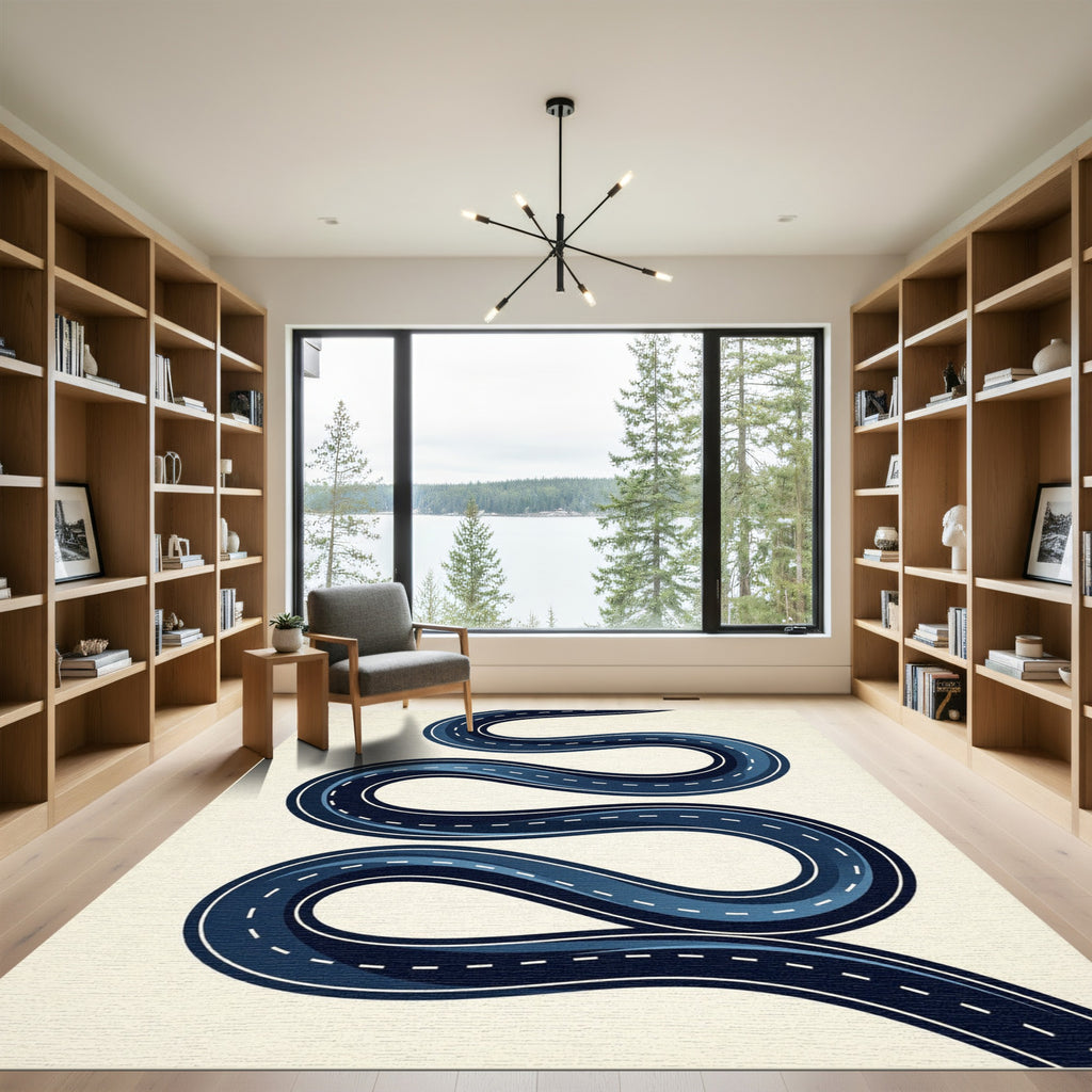 Modern Navy Serpentine Winding Road Rug