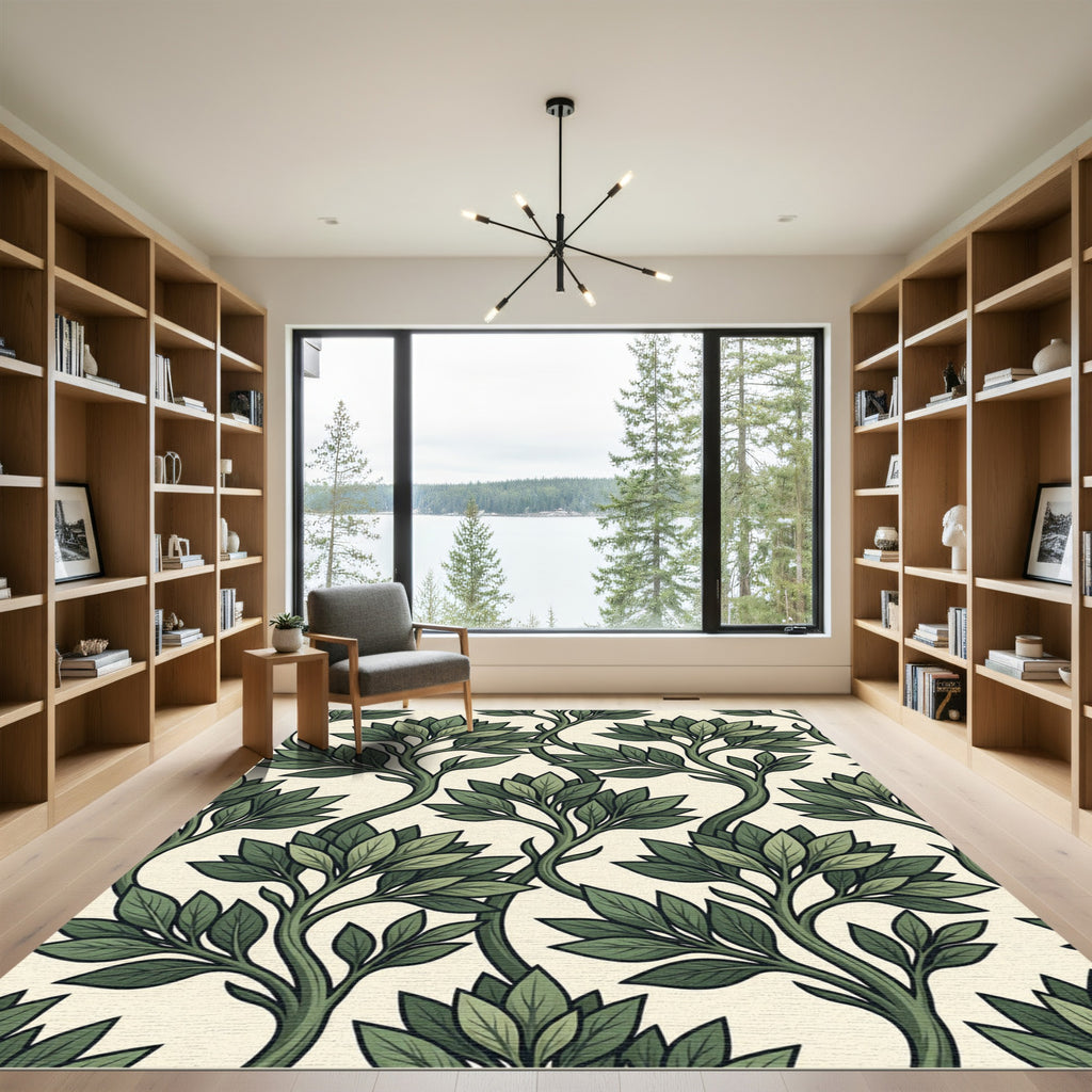 Elegant Forest Green Botanical Foliage Rug
