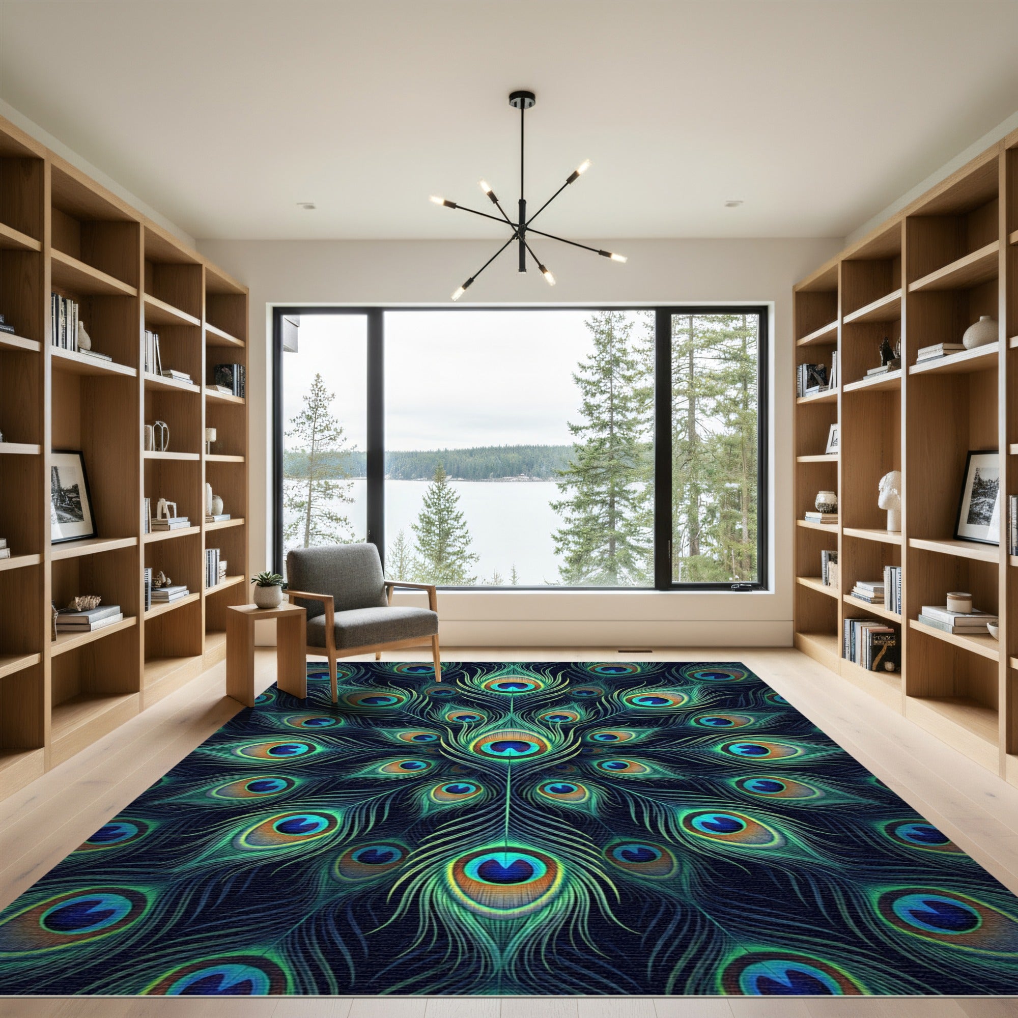 Vibrant Teal Peacock Feather Medallion Rug