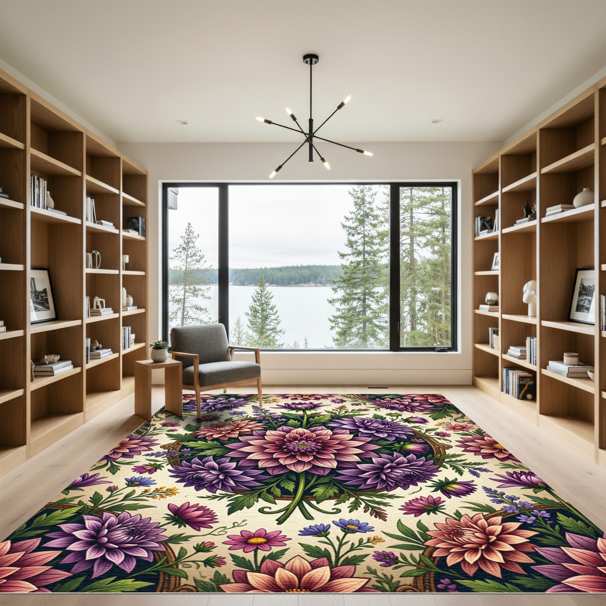 Vibrant Purple Dahlia Botanical Medallion Rug