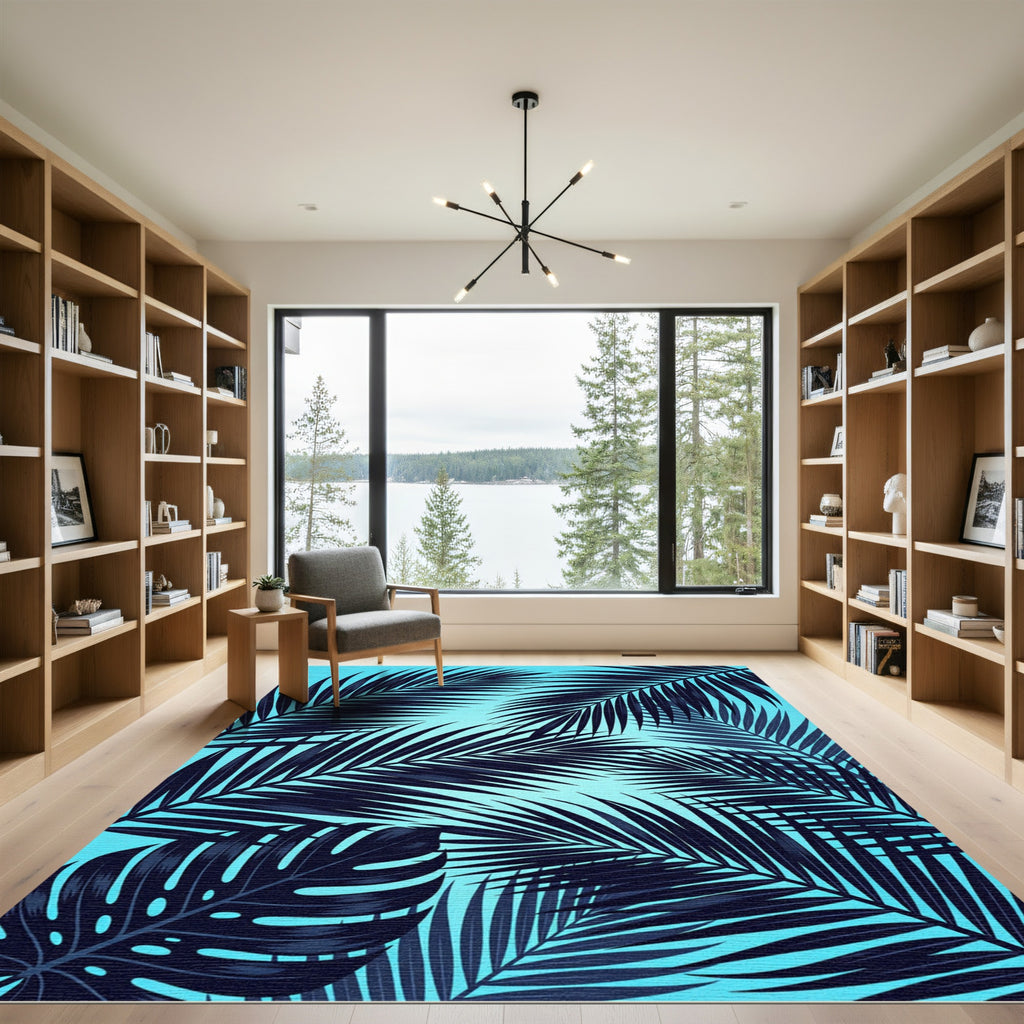 Lush Cyan Tropical Palm Leaf Rug