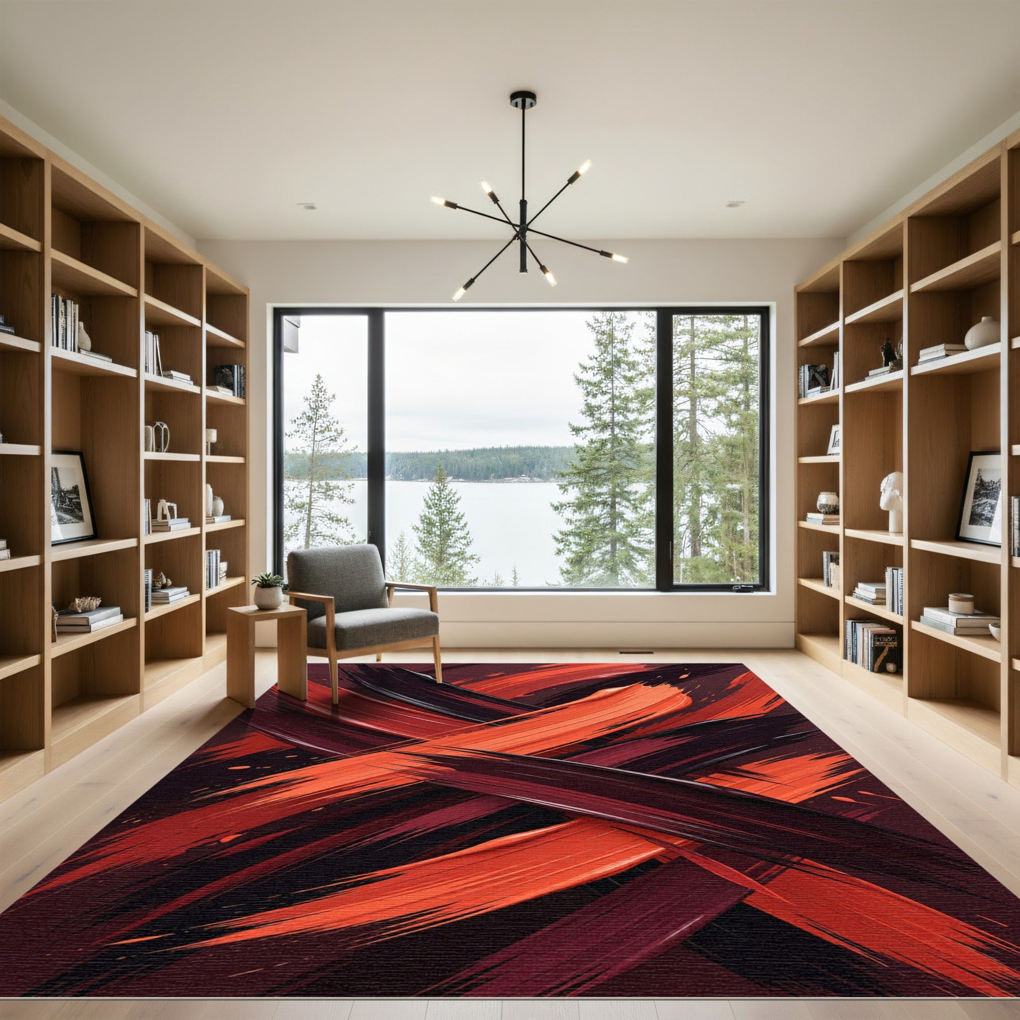 Bold Crimson and Black Abstract Strokes Rug
