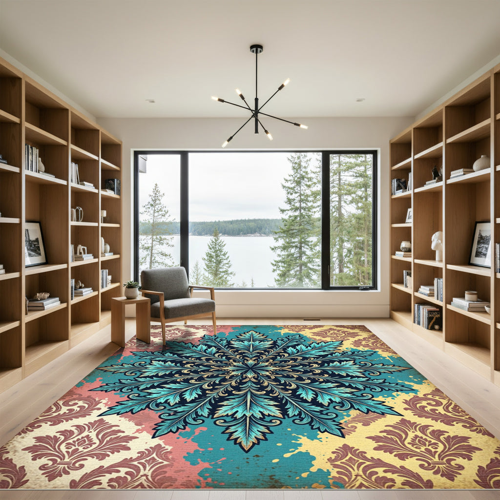 Teal Botanical Damask Medallion Rug