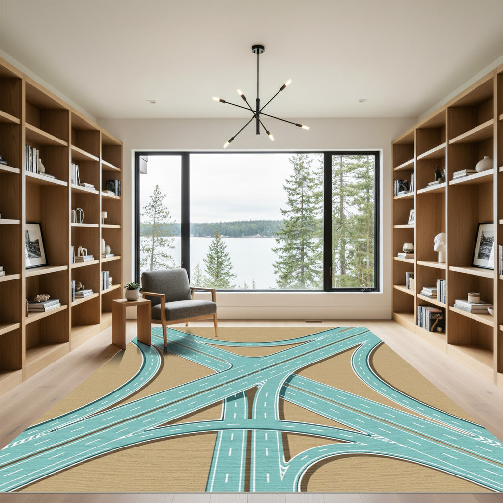 Geometric Teal Highway Intersection Graphic Rug