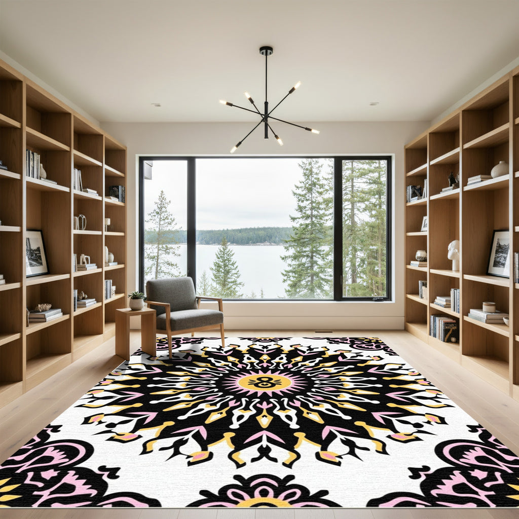 Vibrant Black Pink Sunburst Mandala Rug
