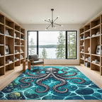Ornate Silver Octopus Ocean Teal Art Rug