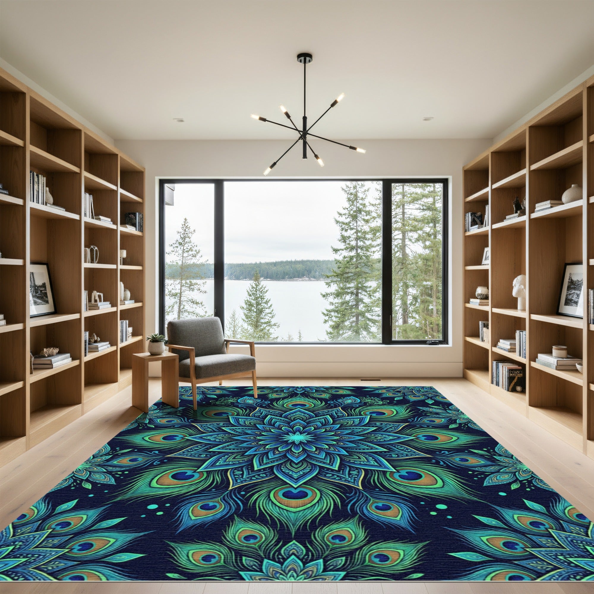 Vibrant Peacock Feather Blue Mandala Rug