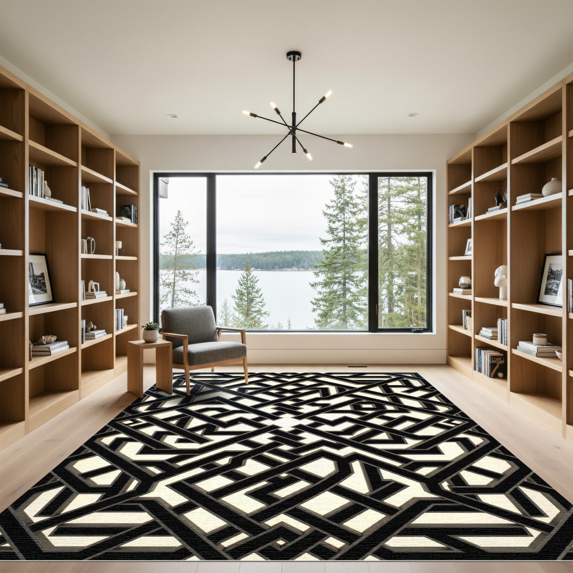 Black Monochrome Geometric Interlocking Grid Rug