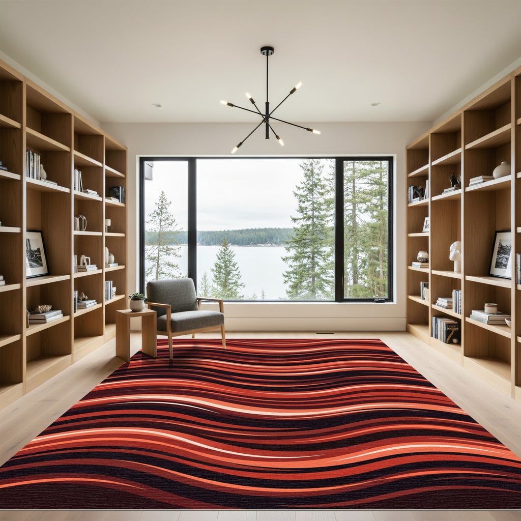 Crimson Orange Flowing Wave Lines Rug