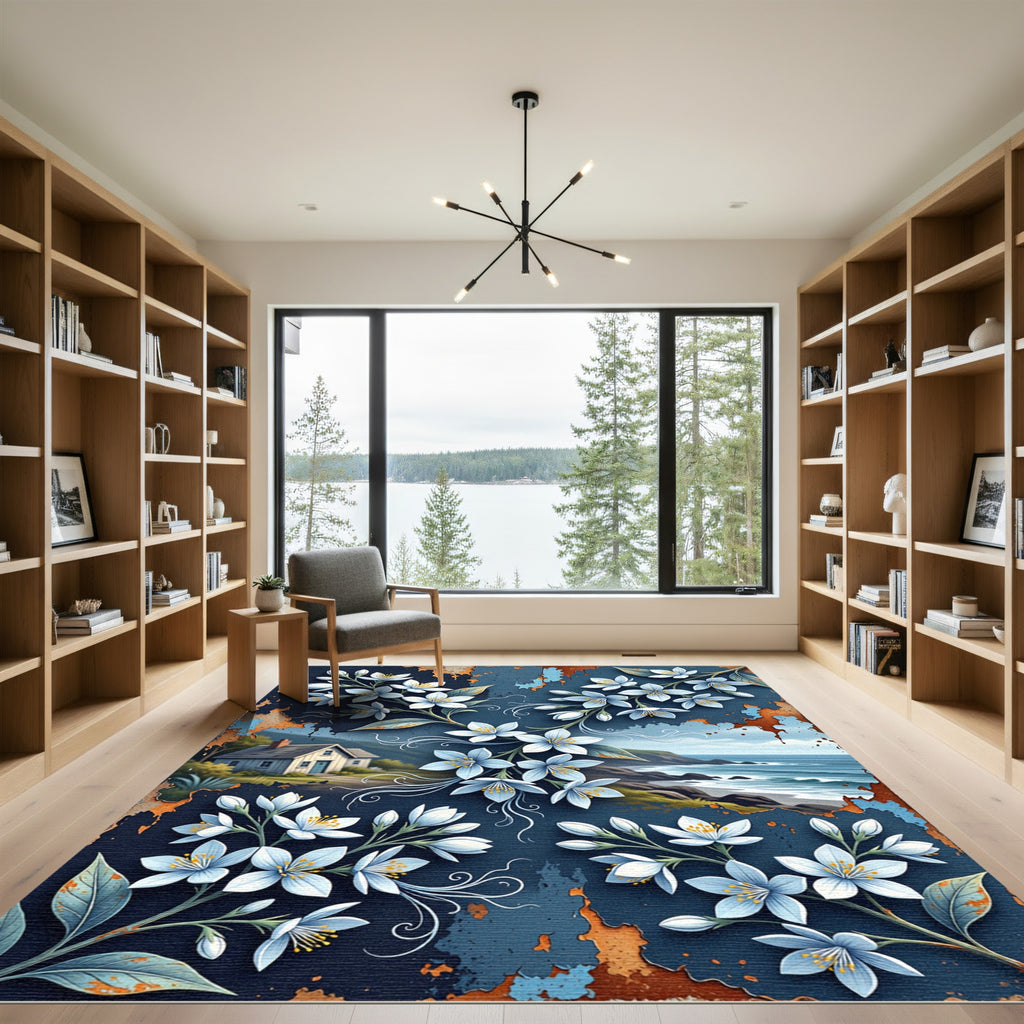 Coastal Blue Floral Weathered Shore Area Rug