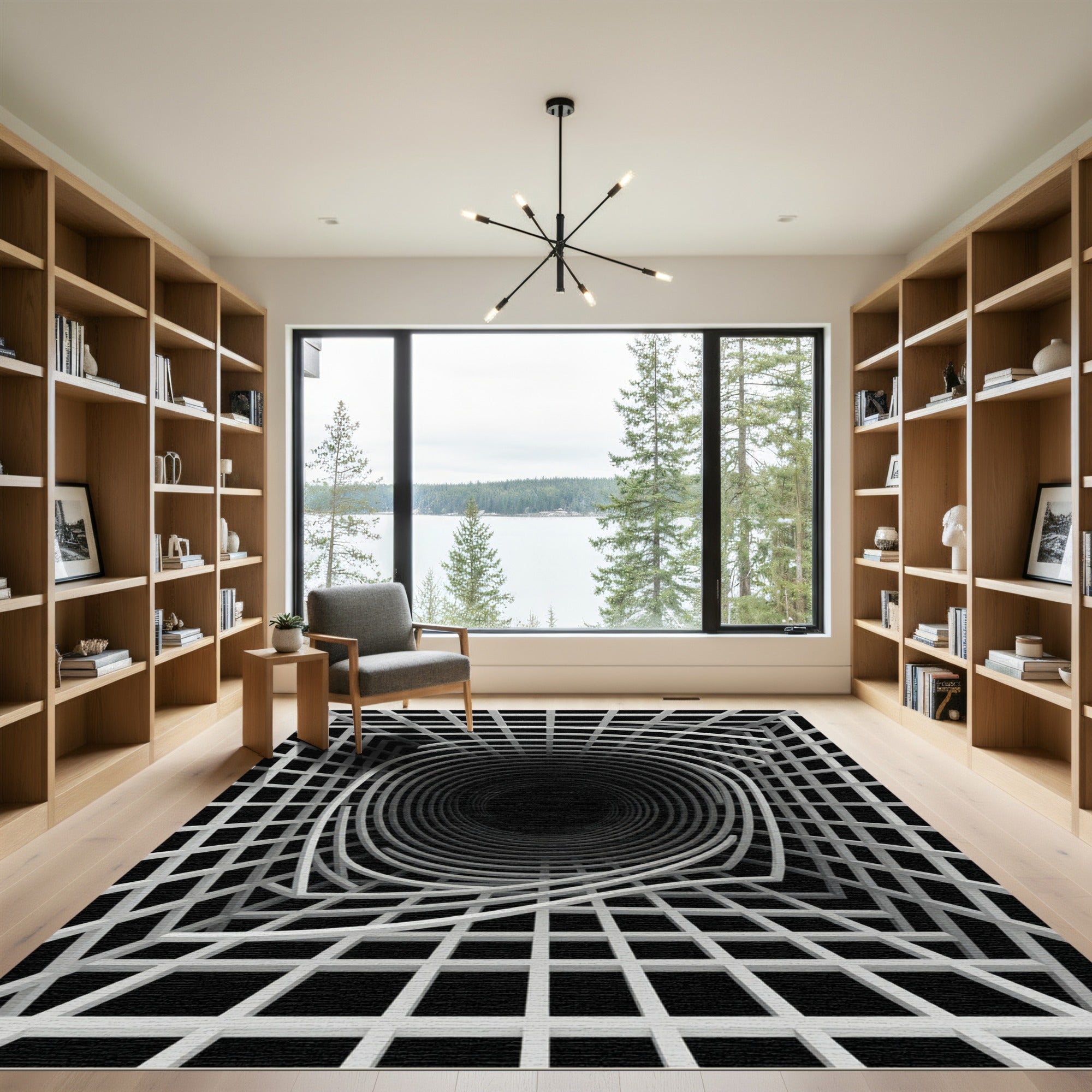 Monochrome Abstract Optical Vortex Grid Rug