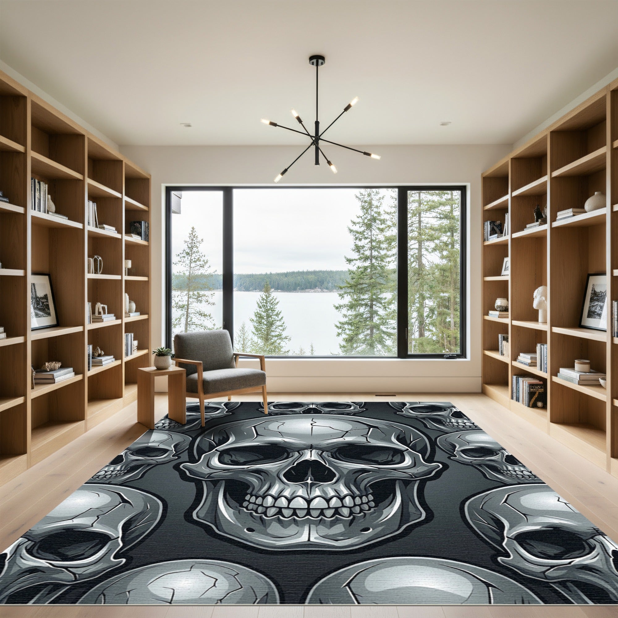 Monochrome Silver Gothic Skull Mosaic Rug