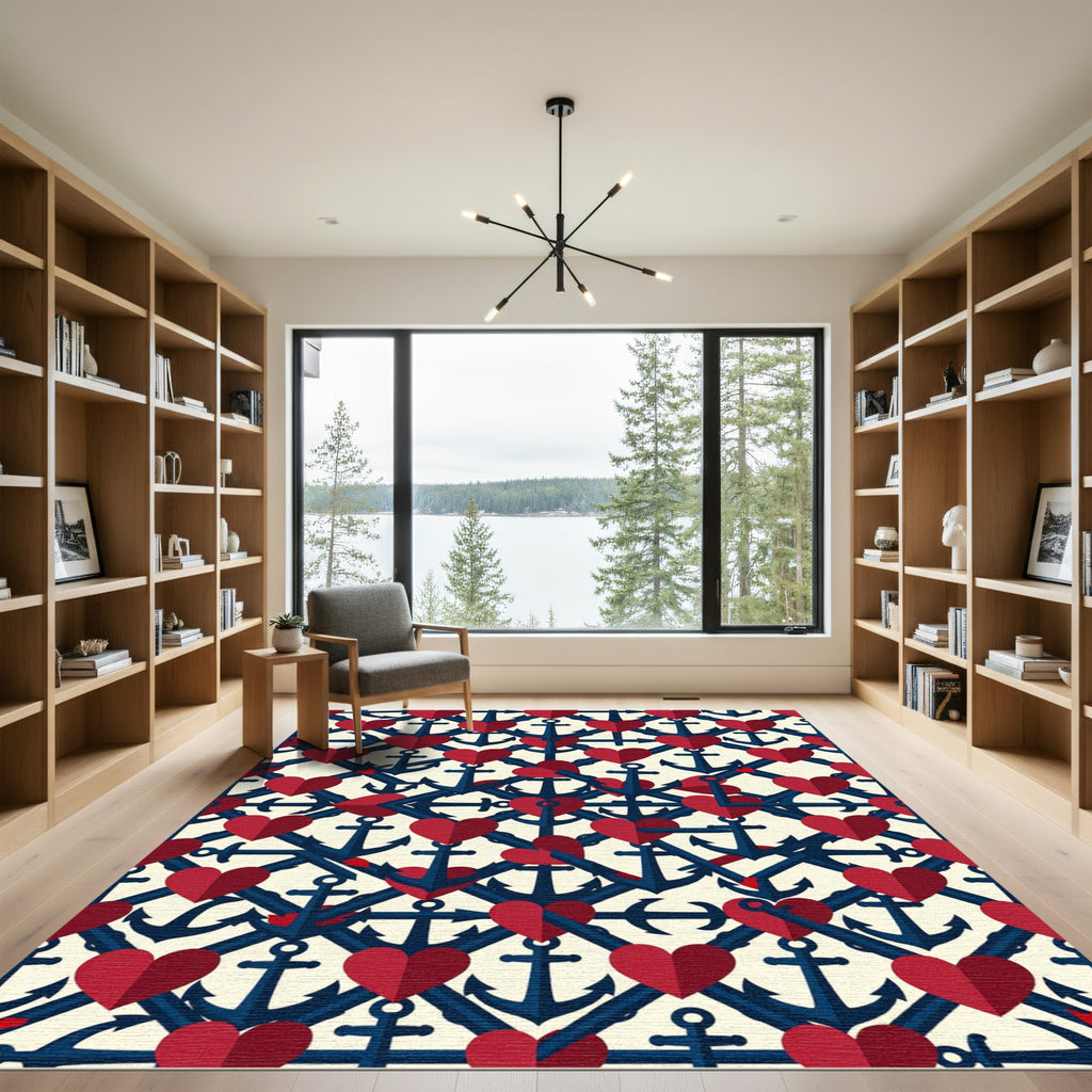 Nautical Red Hearts Anchor Lattice Rug