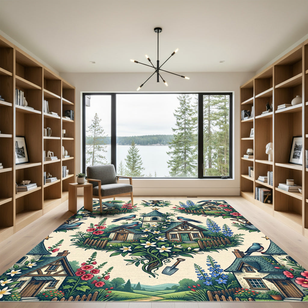 Charming Cottages Birds Floral Garden Scene Rug