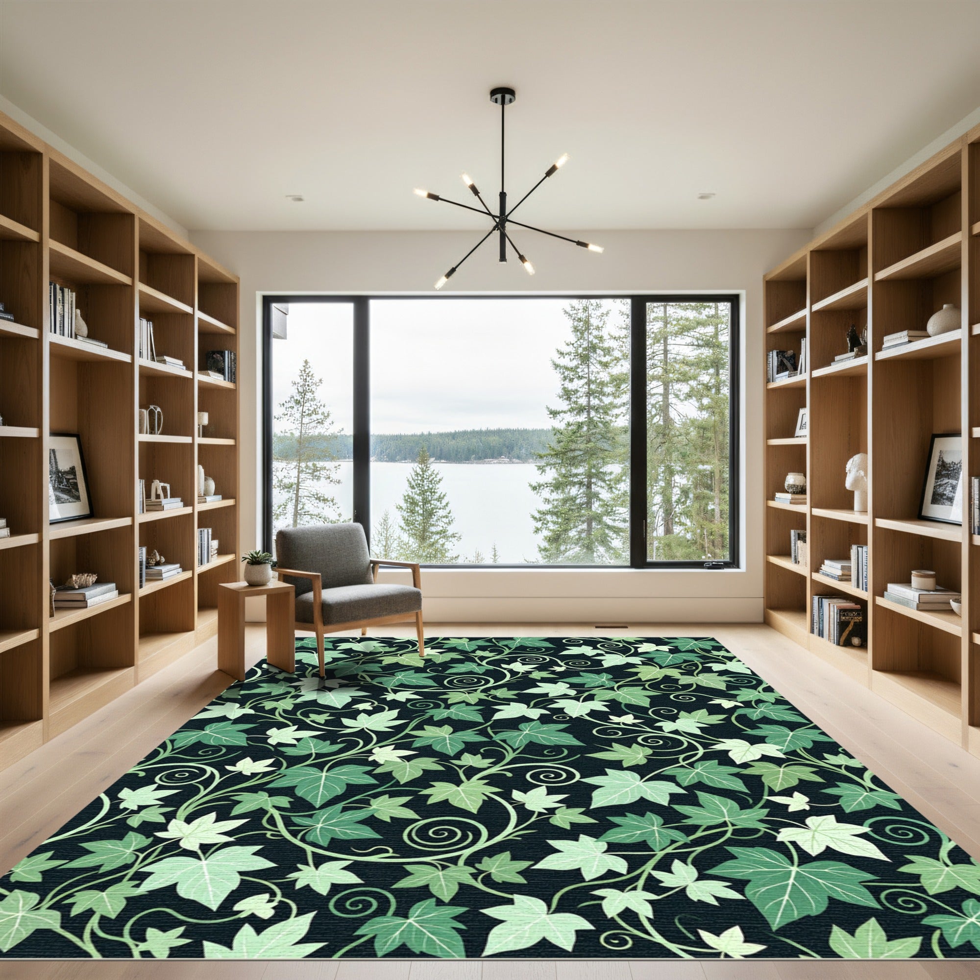 Lush Emerald Ivy Leaf Botanical Scroll Rug