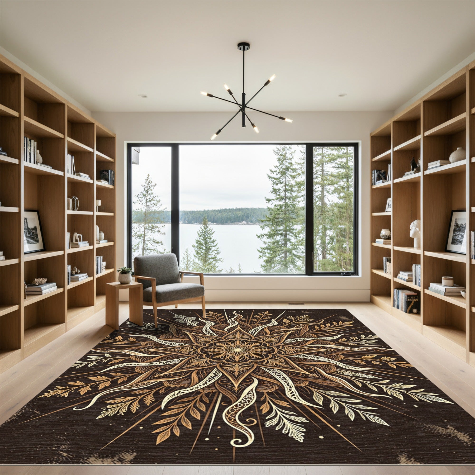 Earthy Gold Celestial Starburst Mandala Rug