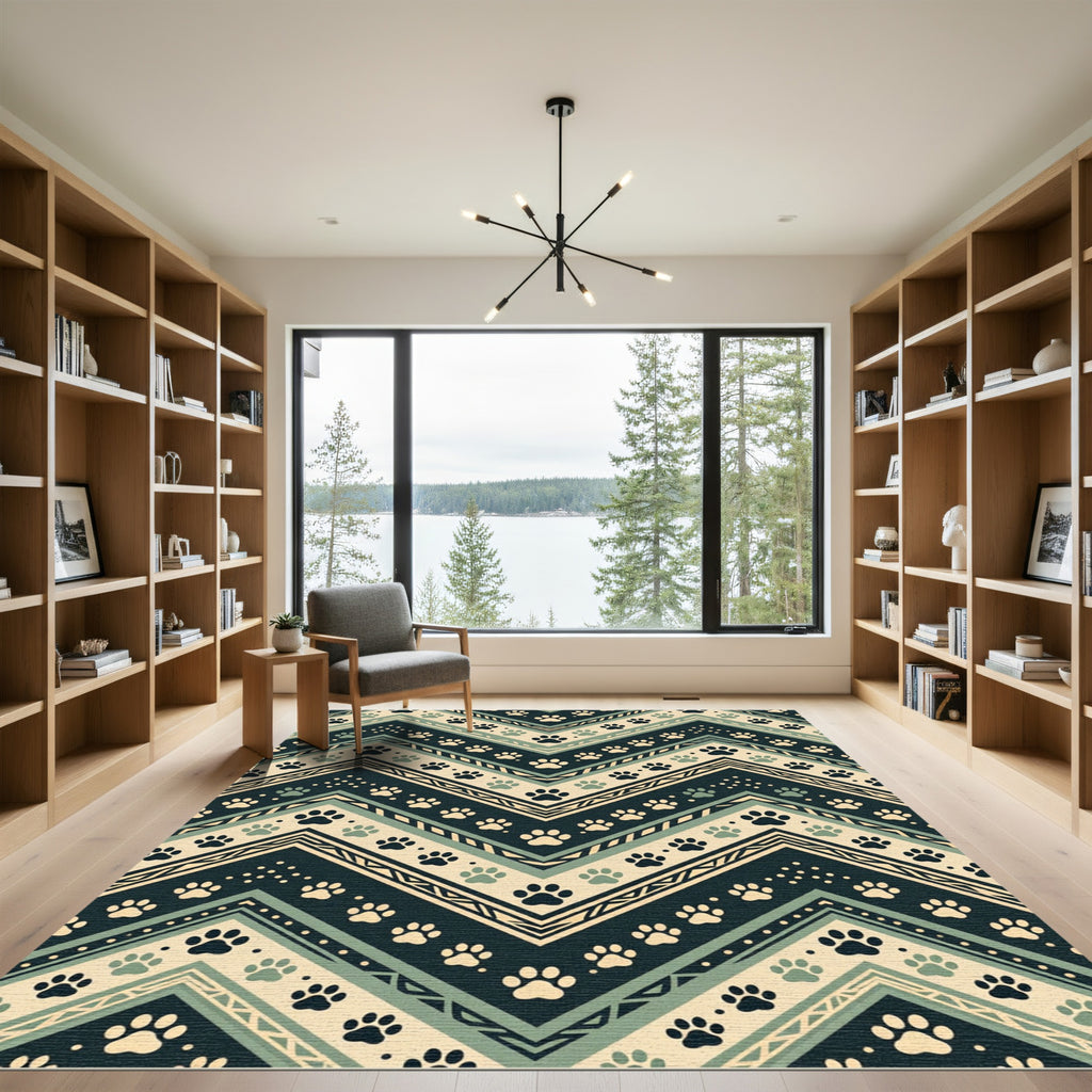Earthy Chevron Paw Print Geometric Rug