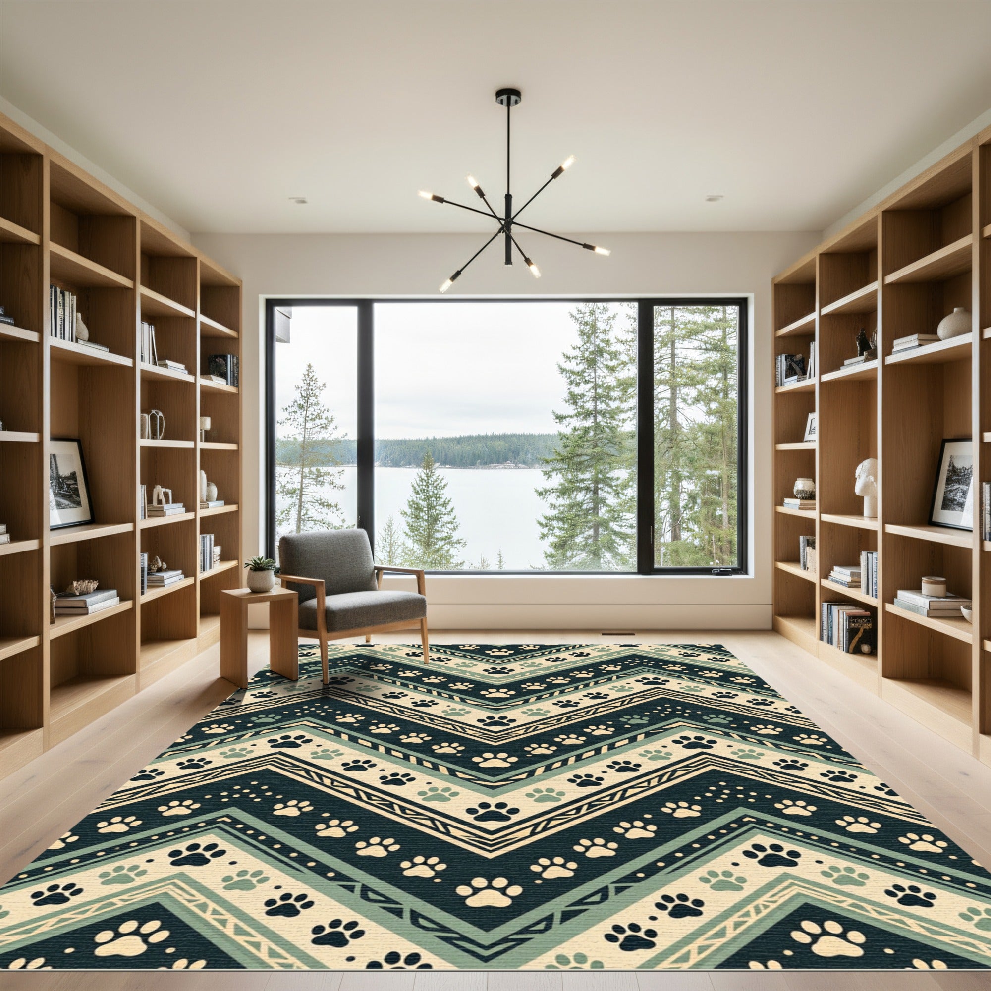 Earthy Chevron Paw Print Geometric Rug