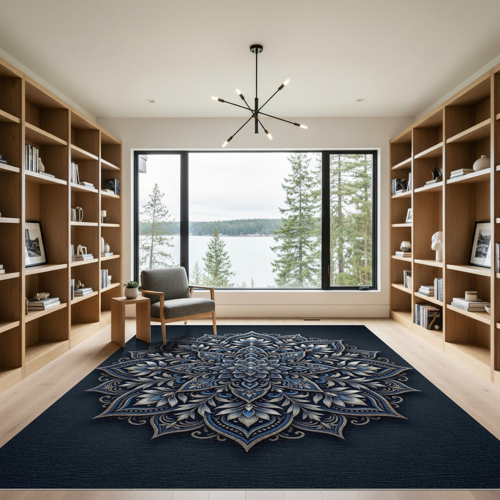 Ornate Blue Floral Mandala Medallion Rug