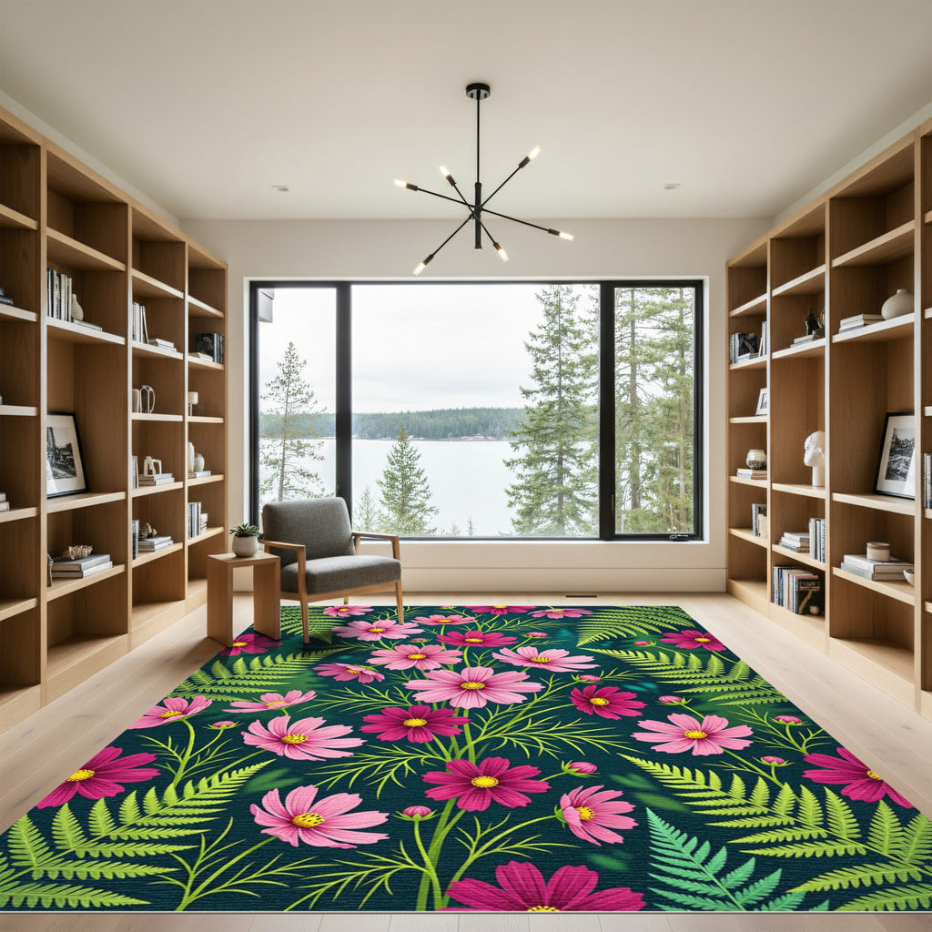 Vibrant Pink Cosmos Fern Botanical Rug