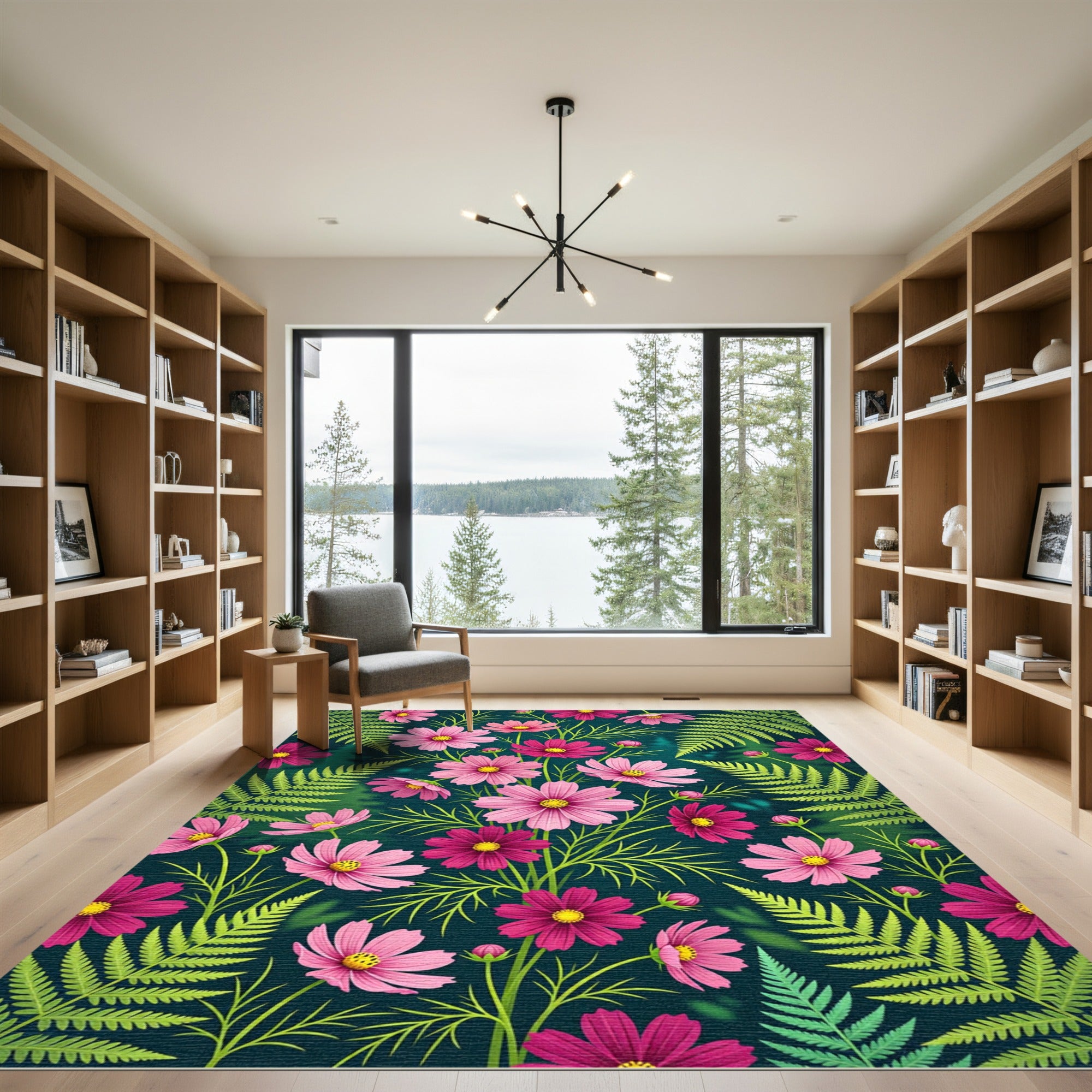 Vibrant Pink Cosmos Fern Botanical Rug