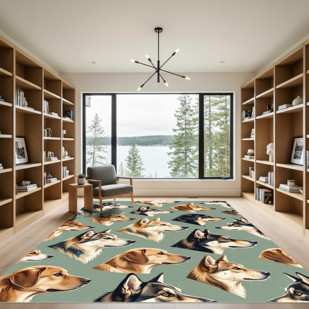 Sage Green Dog Head Illustration Rug