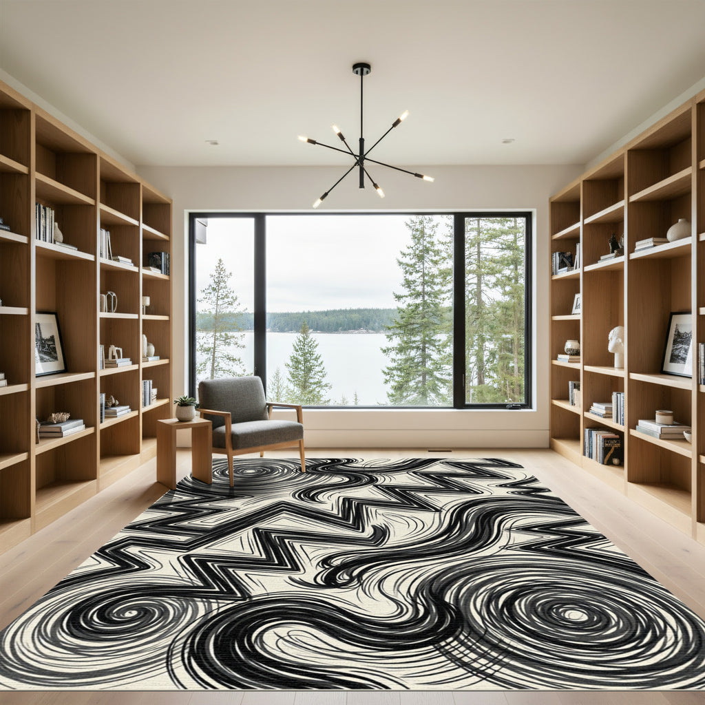 Monochromatic Abstract Zigzag And Swirl Art Rug