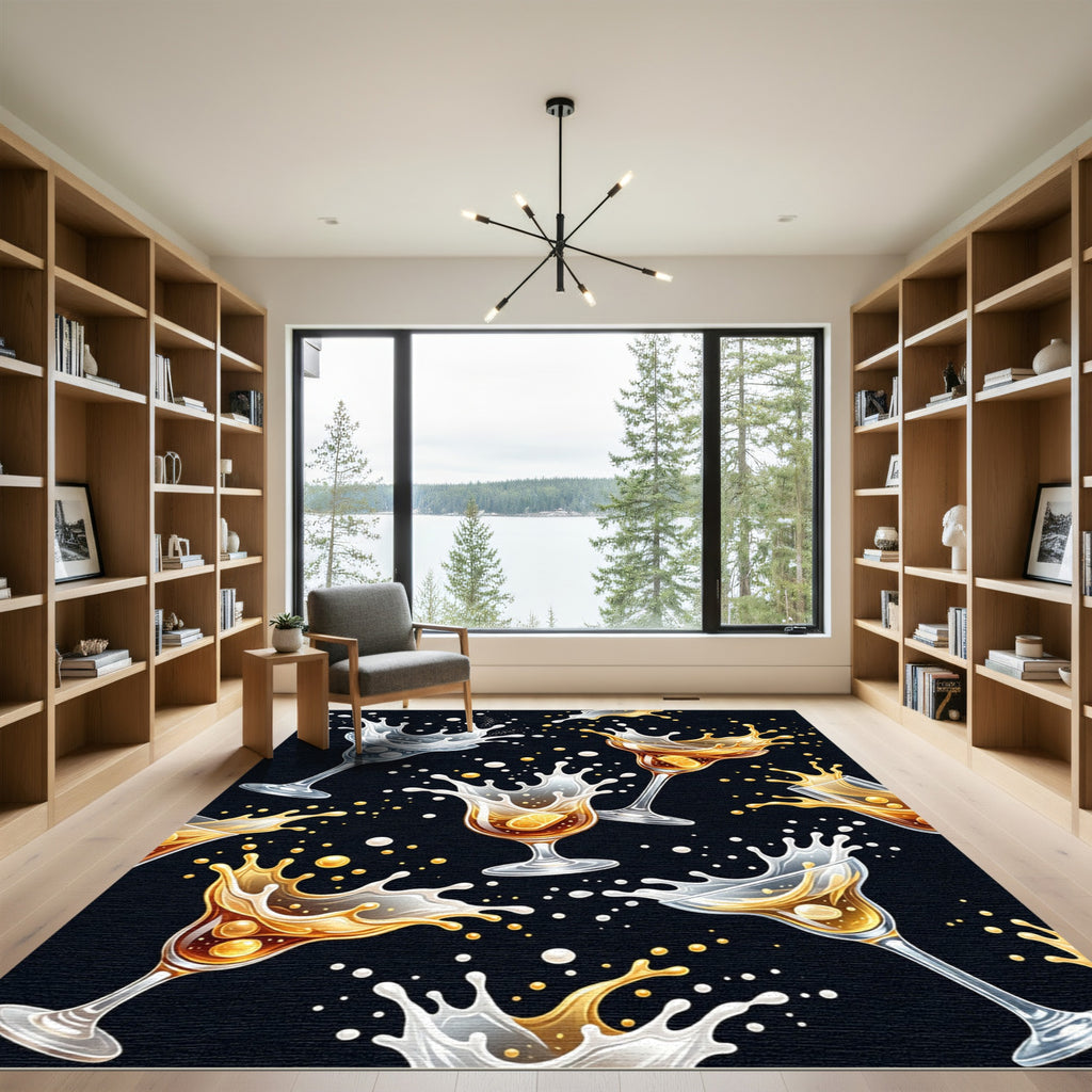 Dynamic Golden Cocktail Splashes Black Backdrop Rug