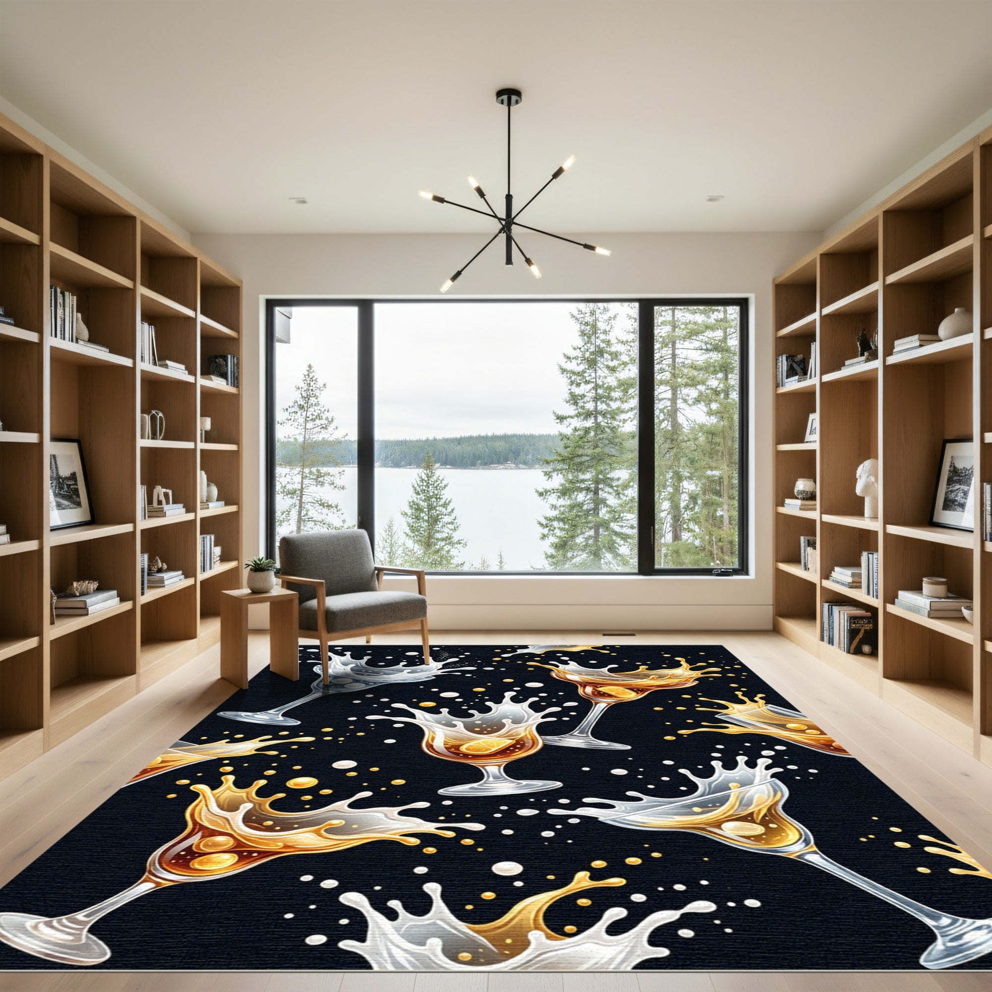 Dynamic Golden Cocktail Splashes Black Backdrop Rug