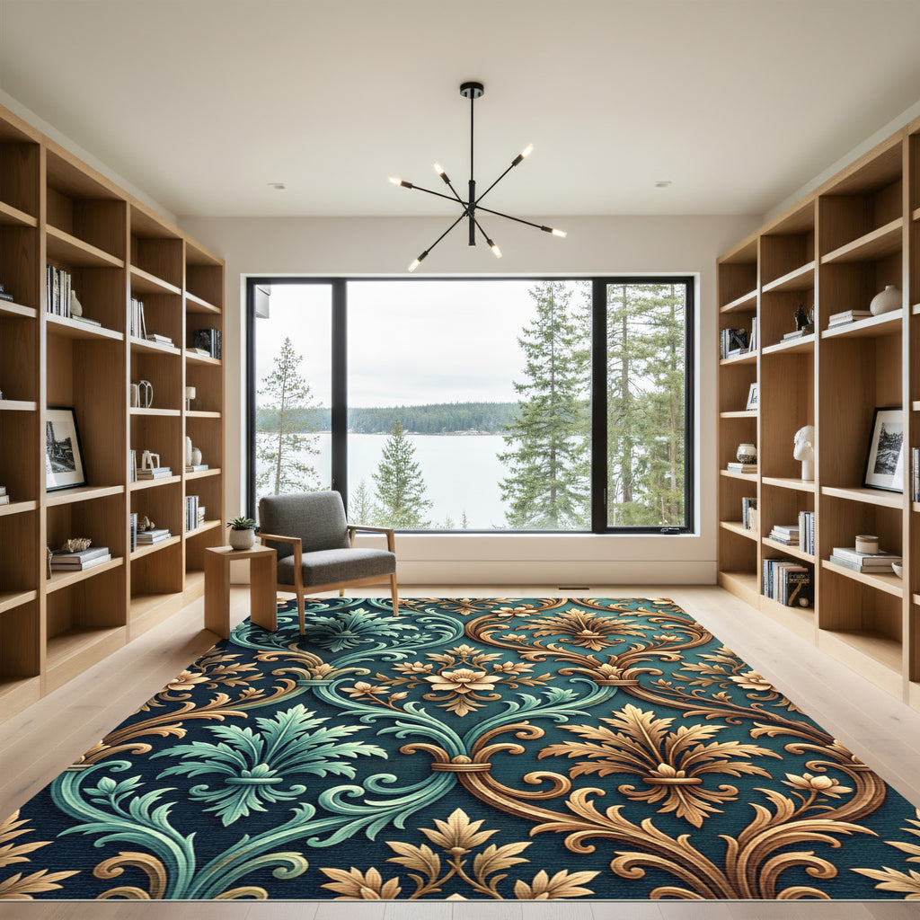 Ornate Teal and Gold Damask Swirl Rug