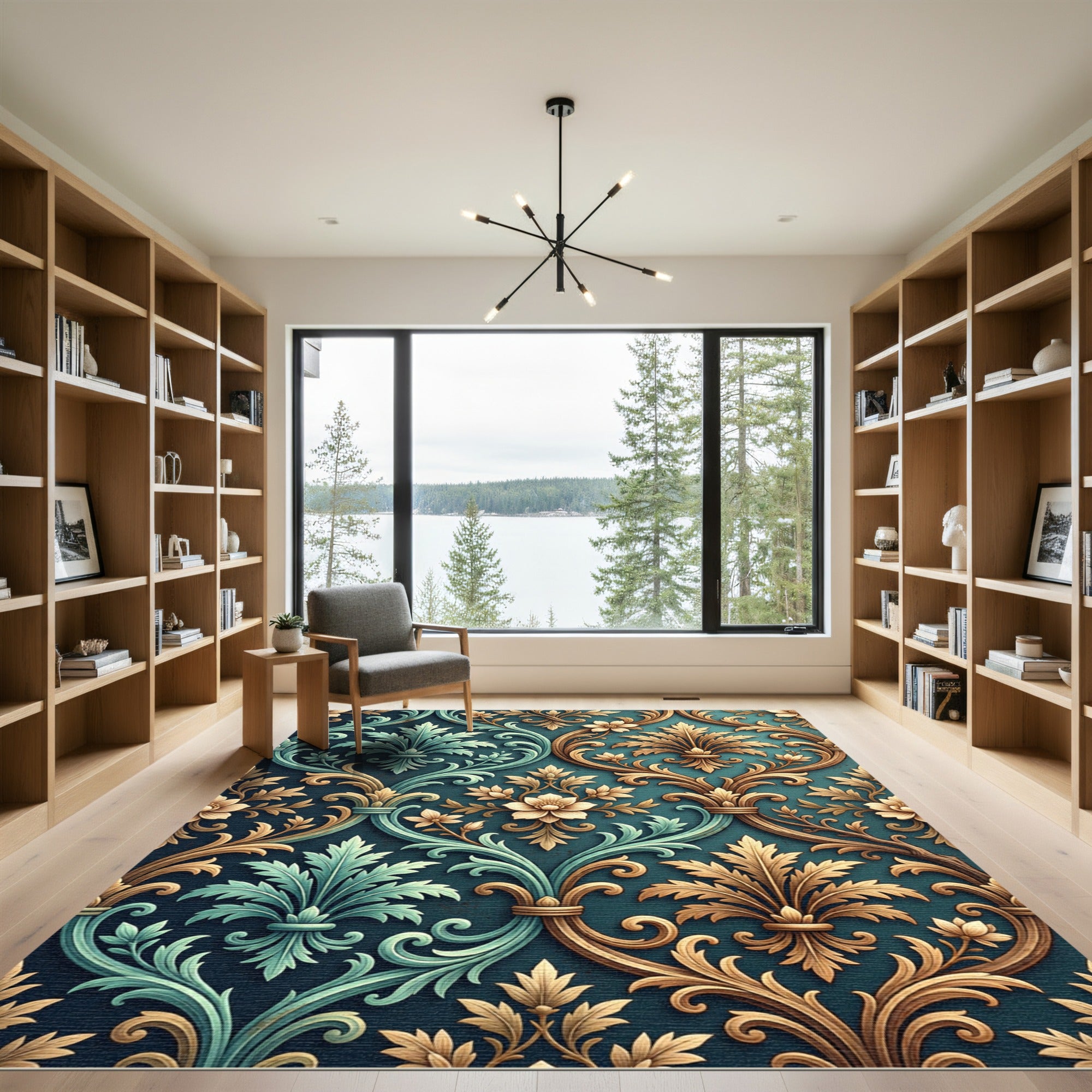 Ornate Teal and Gold Damask Swirl Rug