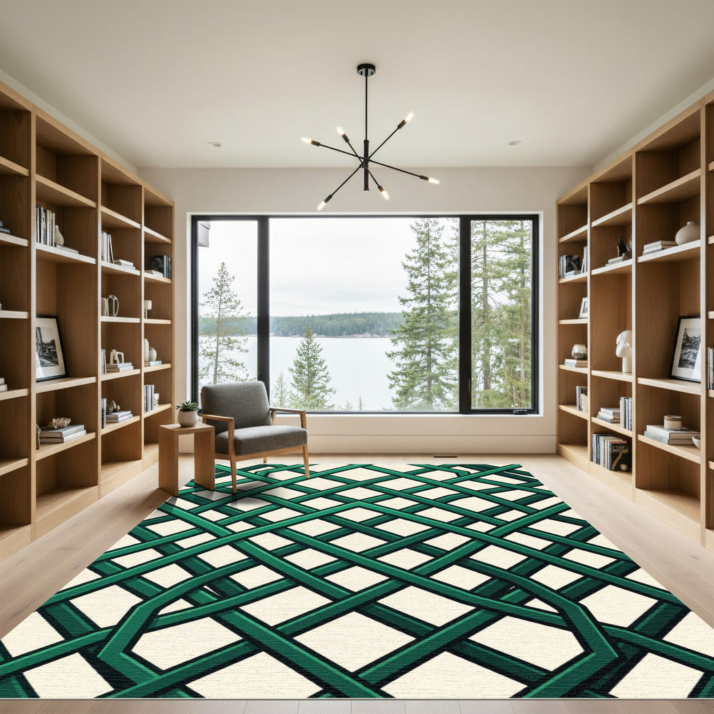 Emerald Interlocking Geometric Lattice Grid Rug