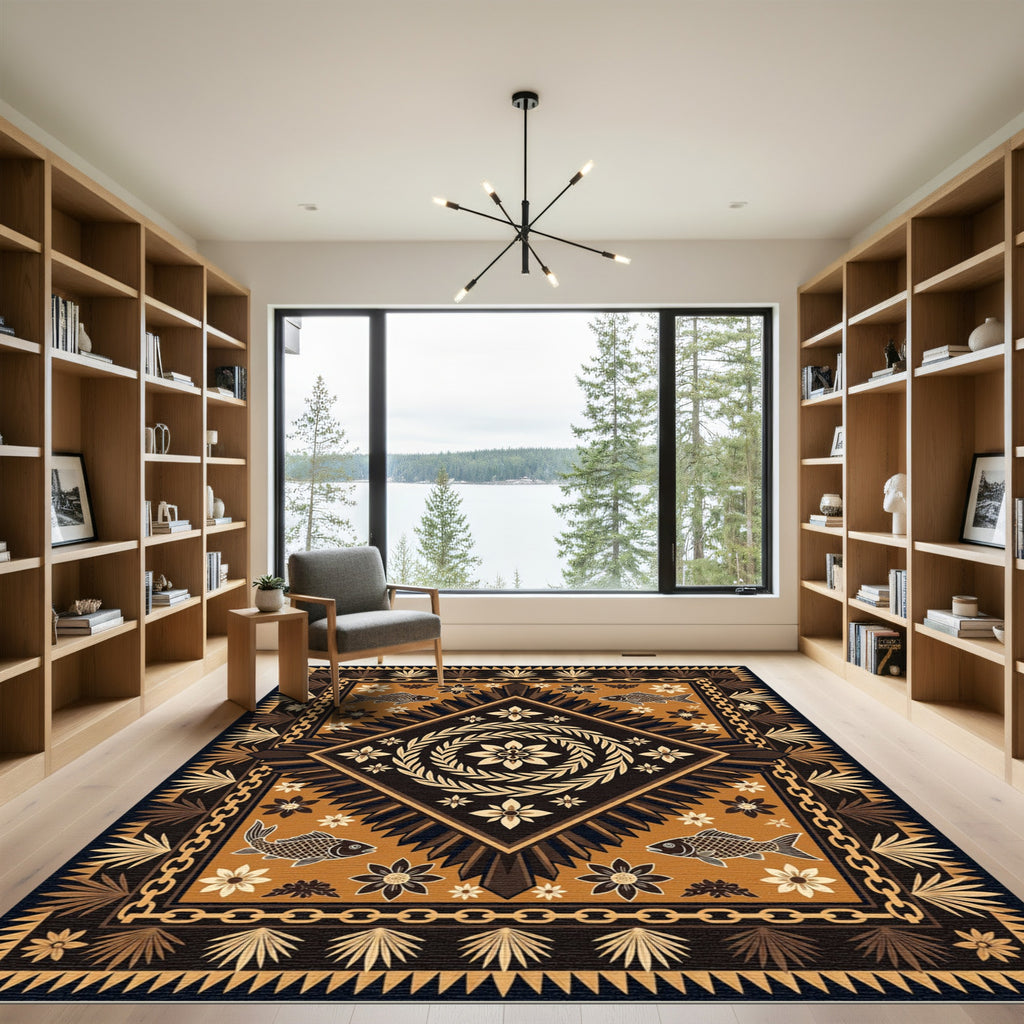 Geometric Earth Brown Fish Medallion Rug