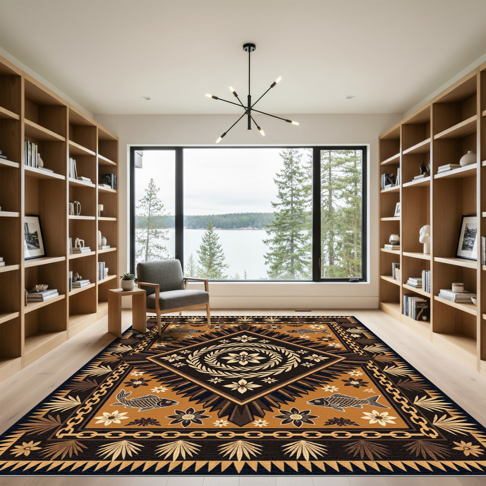 Geometric Earth Brown Fish Medallion Rug