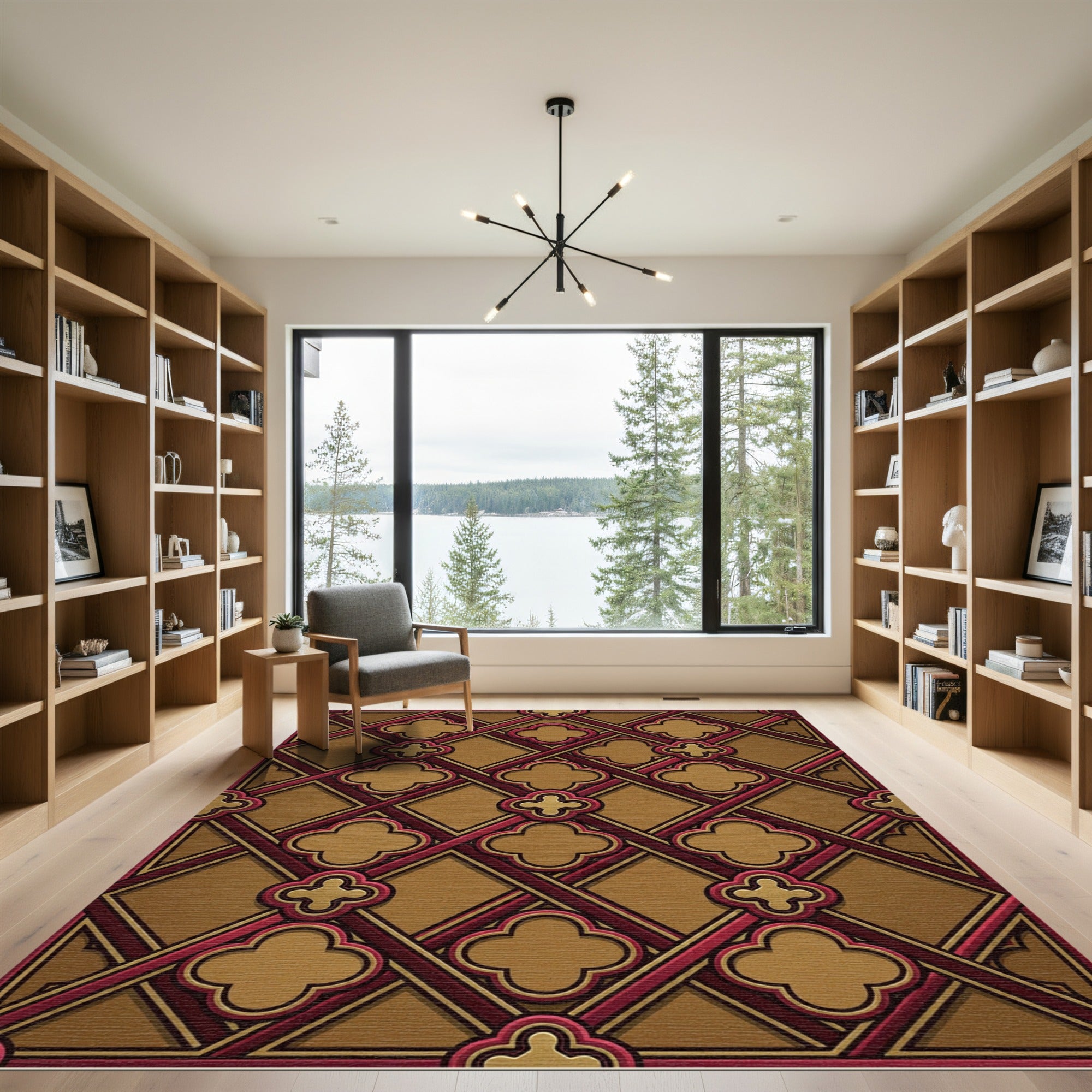 Golden Clover Lattice Red Frame Rug