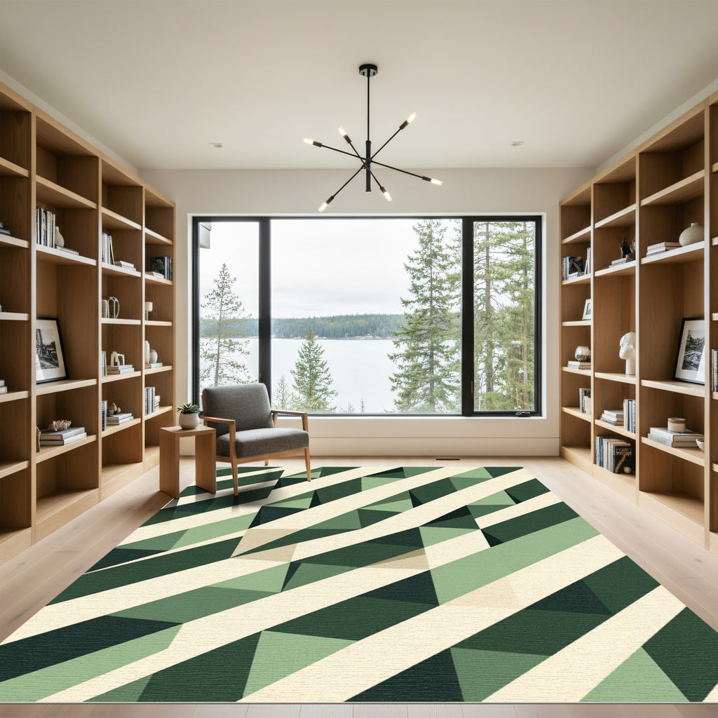 Modern Geometric Forest Green Layered Stripes Rug