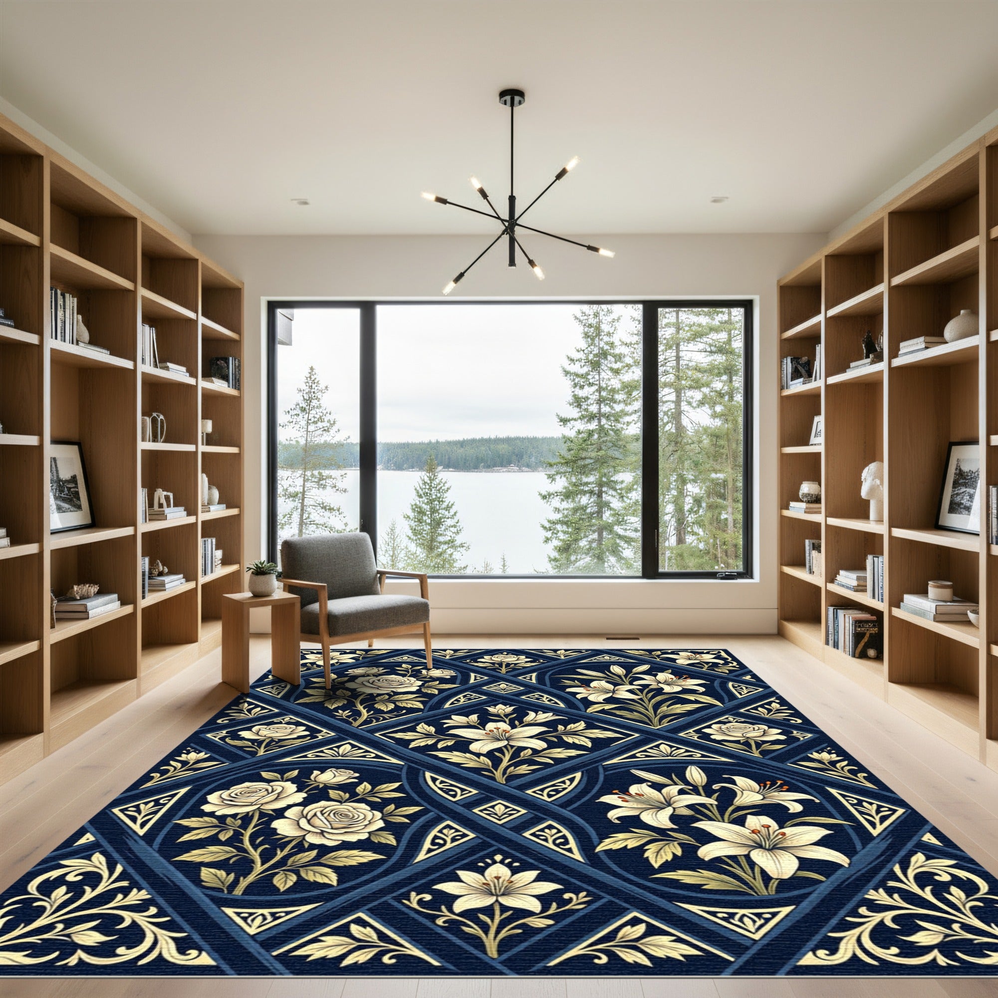 Vintage Navy Floral Lily Rose Rug