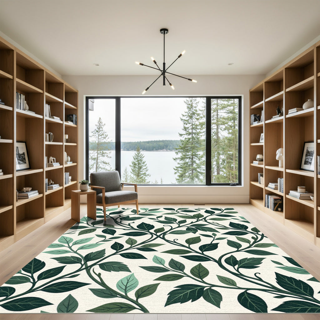 Elegant Dark Green Botanical Vine Foliage Rug