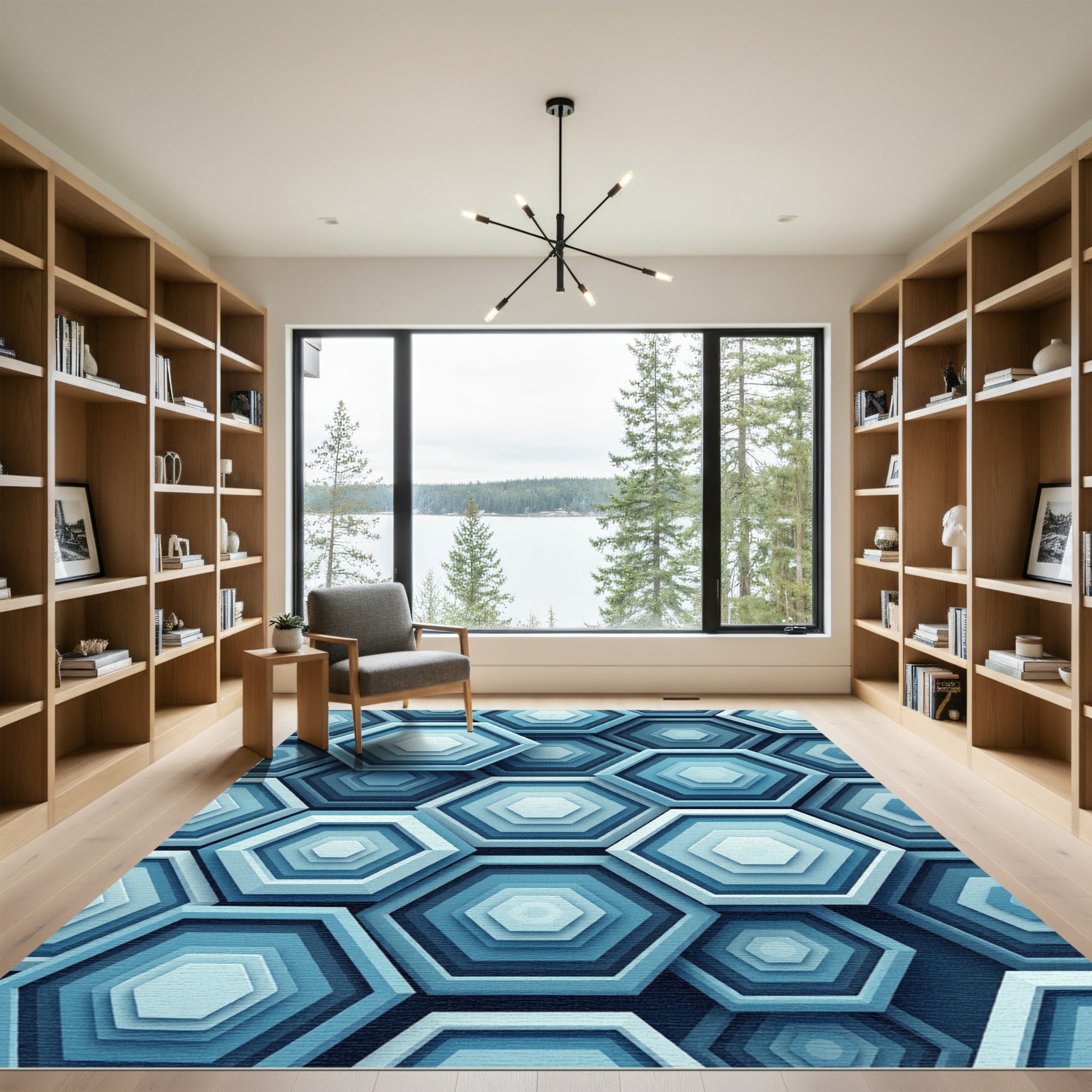 Modern Teal Geometric Layered Hexagon Rug