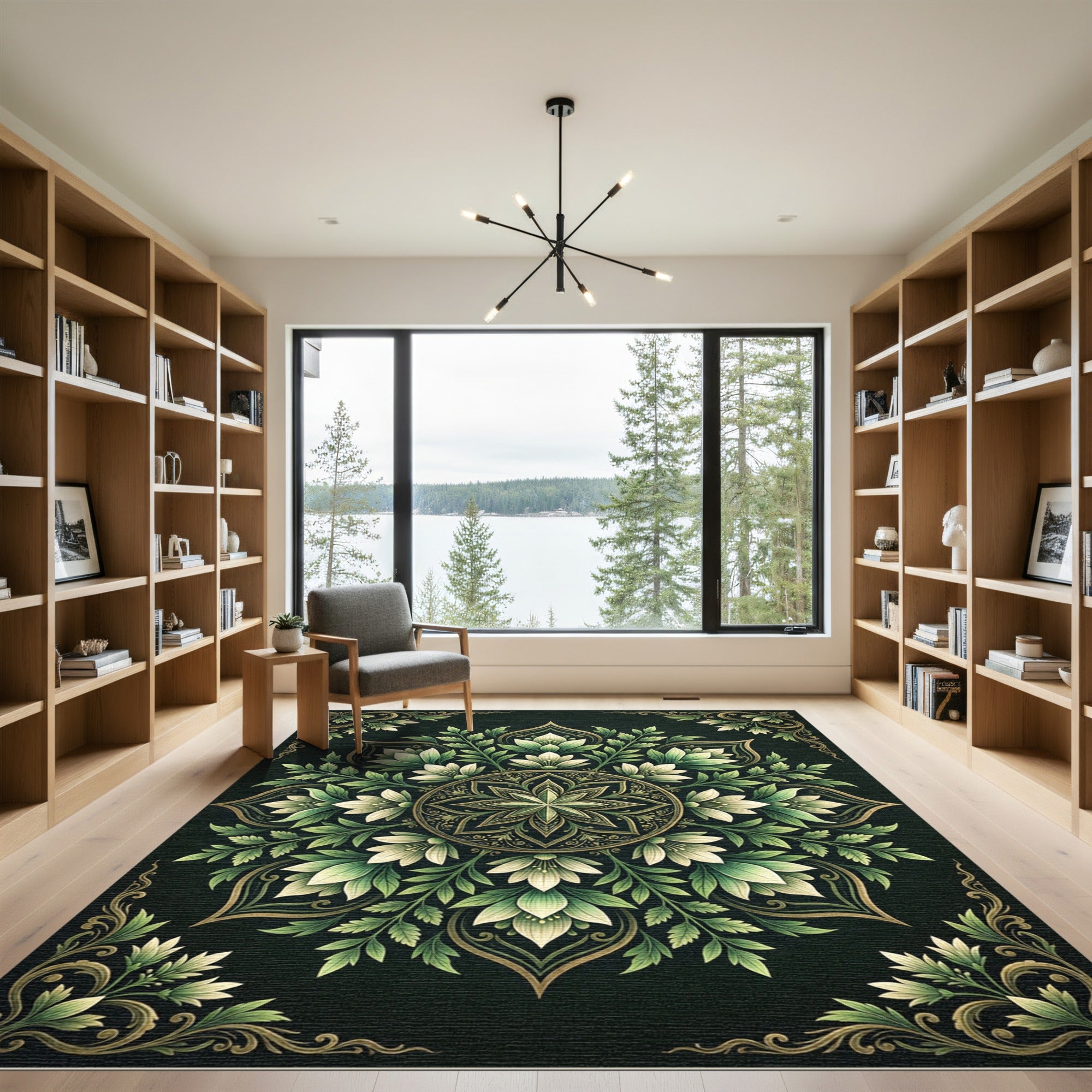 Elegant Emerald Botanical Floral Medallion Rug