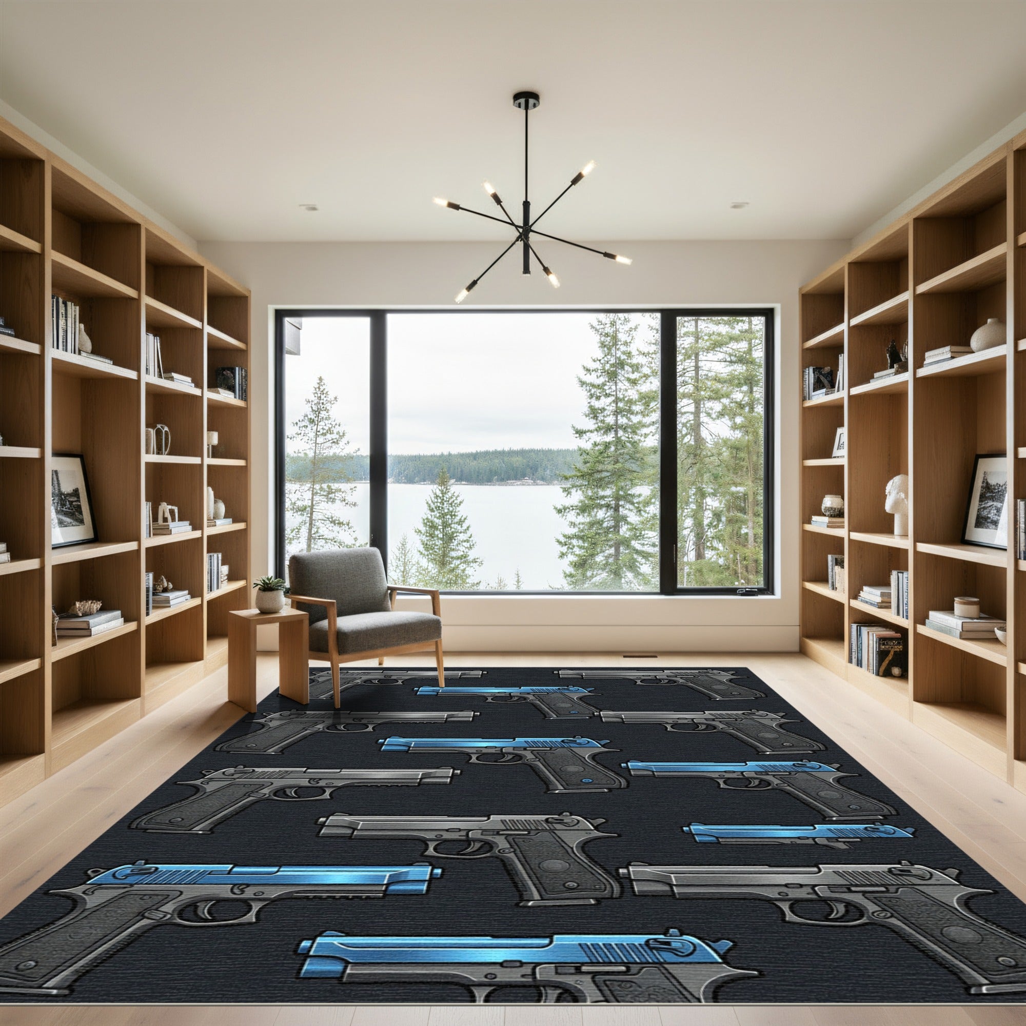 Modern Steel and Cobalt Handgun Arrangement Rug