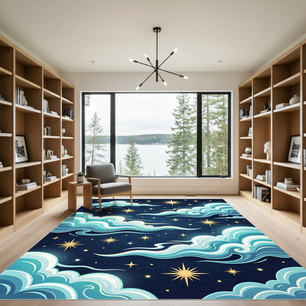 Whimsical Teal Clouds Golden Stars Rug