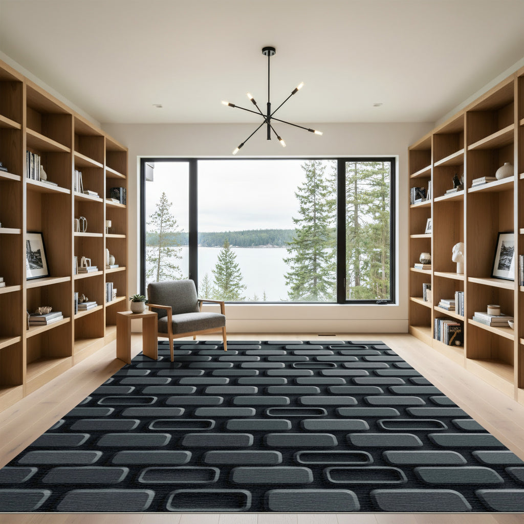 Modern Slate Geometric Rectangular Grid Rug