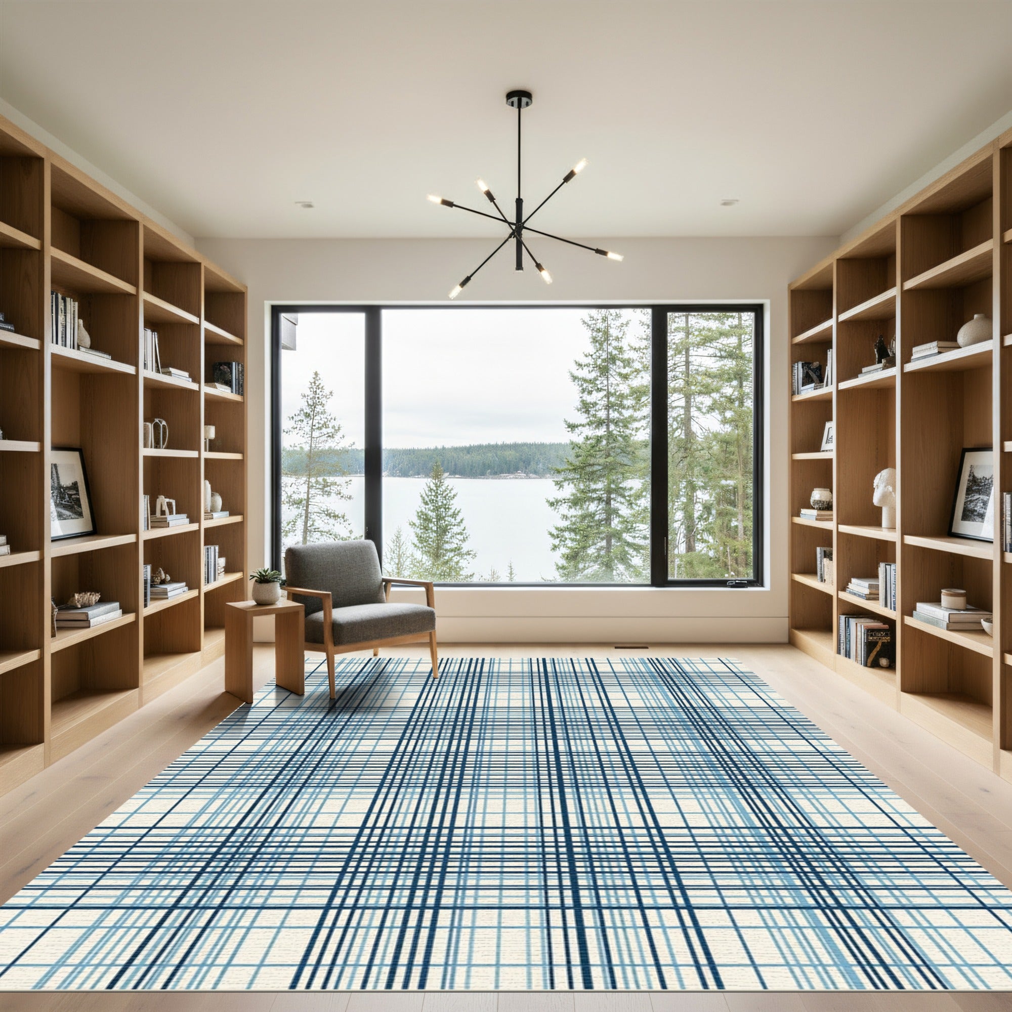 Classic Navy Blue Grid Plaid Rug