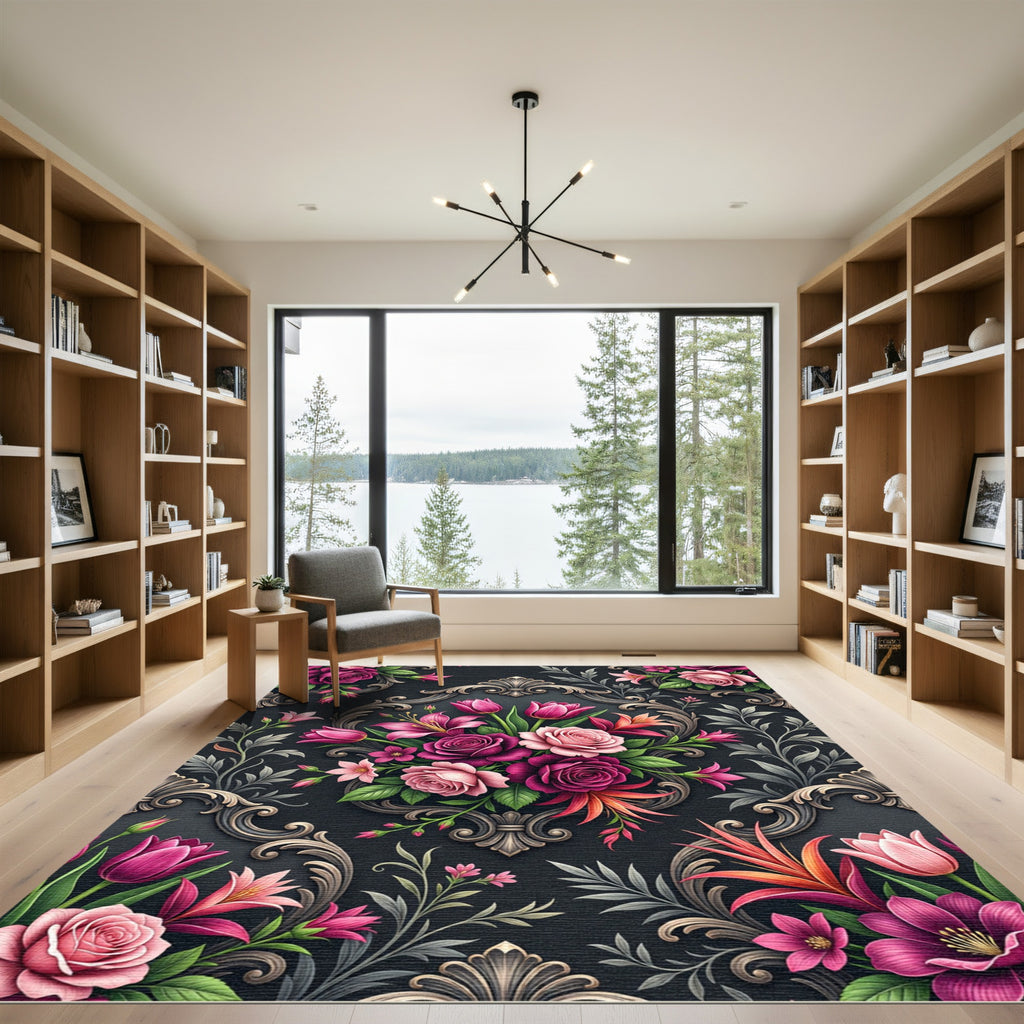 Dark Baroque Rose and Tulip Bouquet Rug
