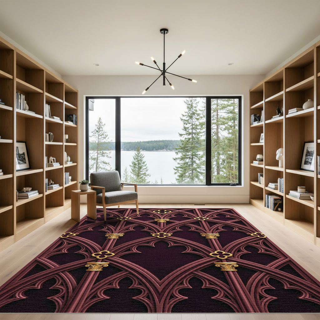 Rich Burgundy Gold Architectural Arches Rug