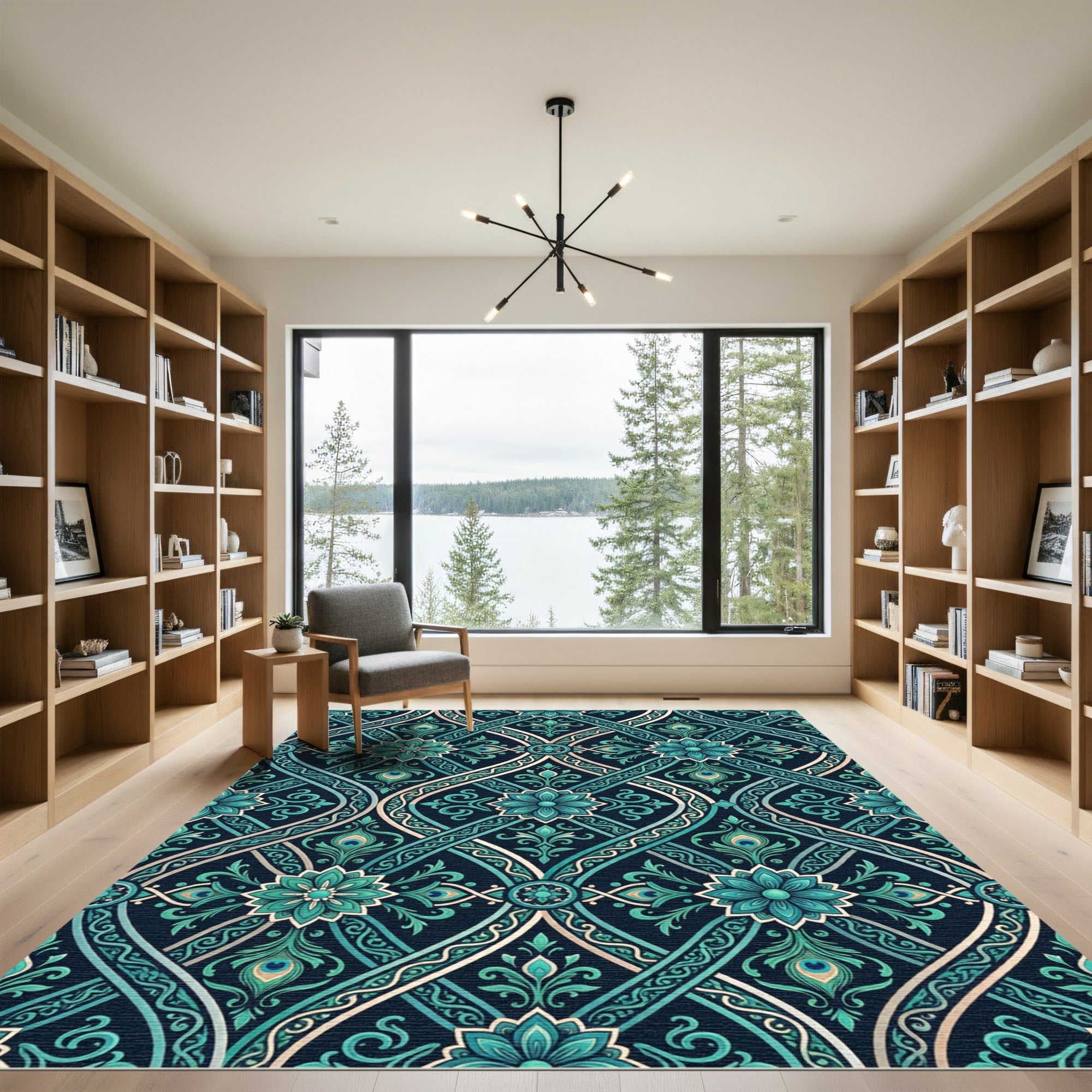 Teal Peacock Damask Floral Scroll Rug